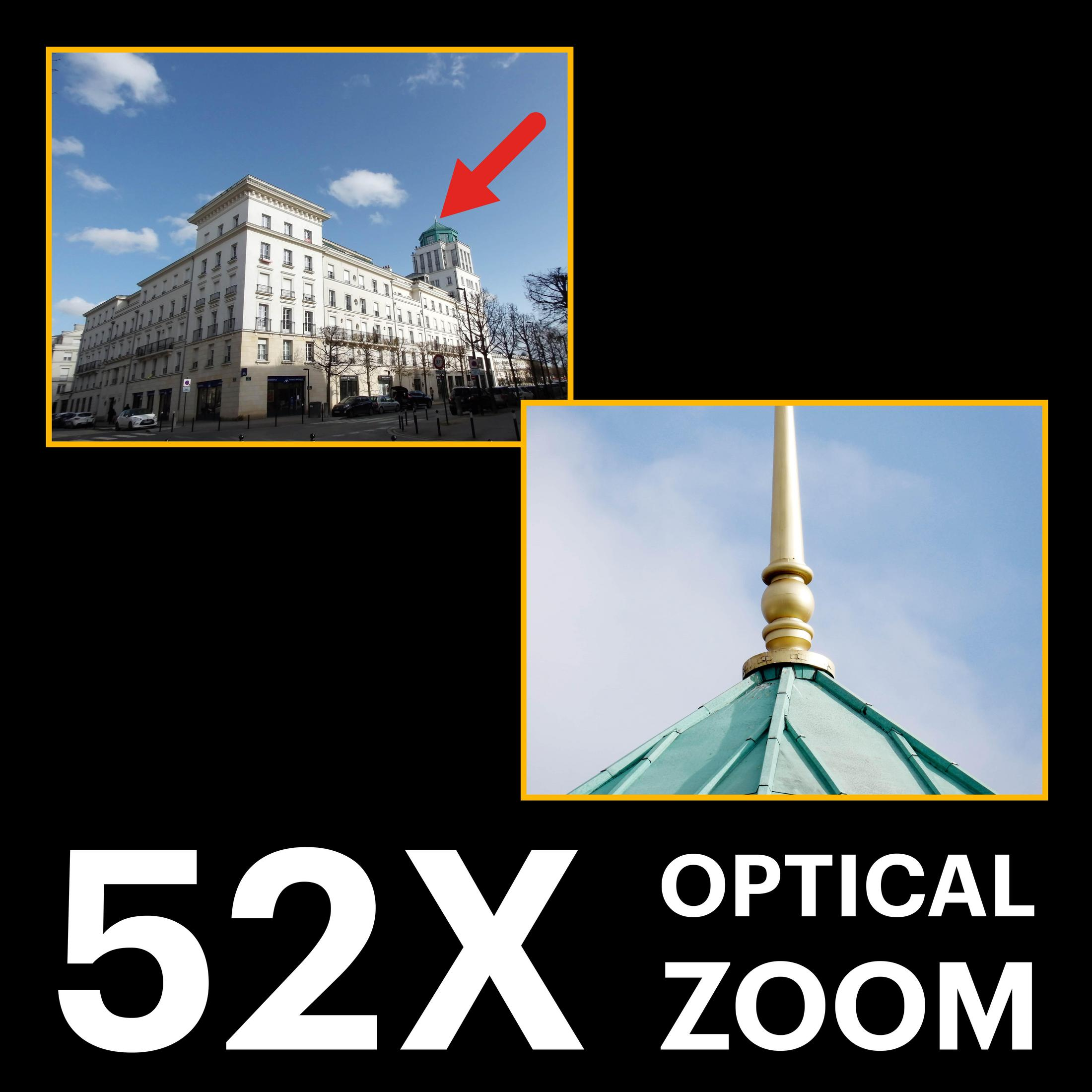 Bâtiment avec tour verte en dôme et flèche dorée, zoom optique 52x.