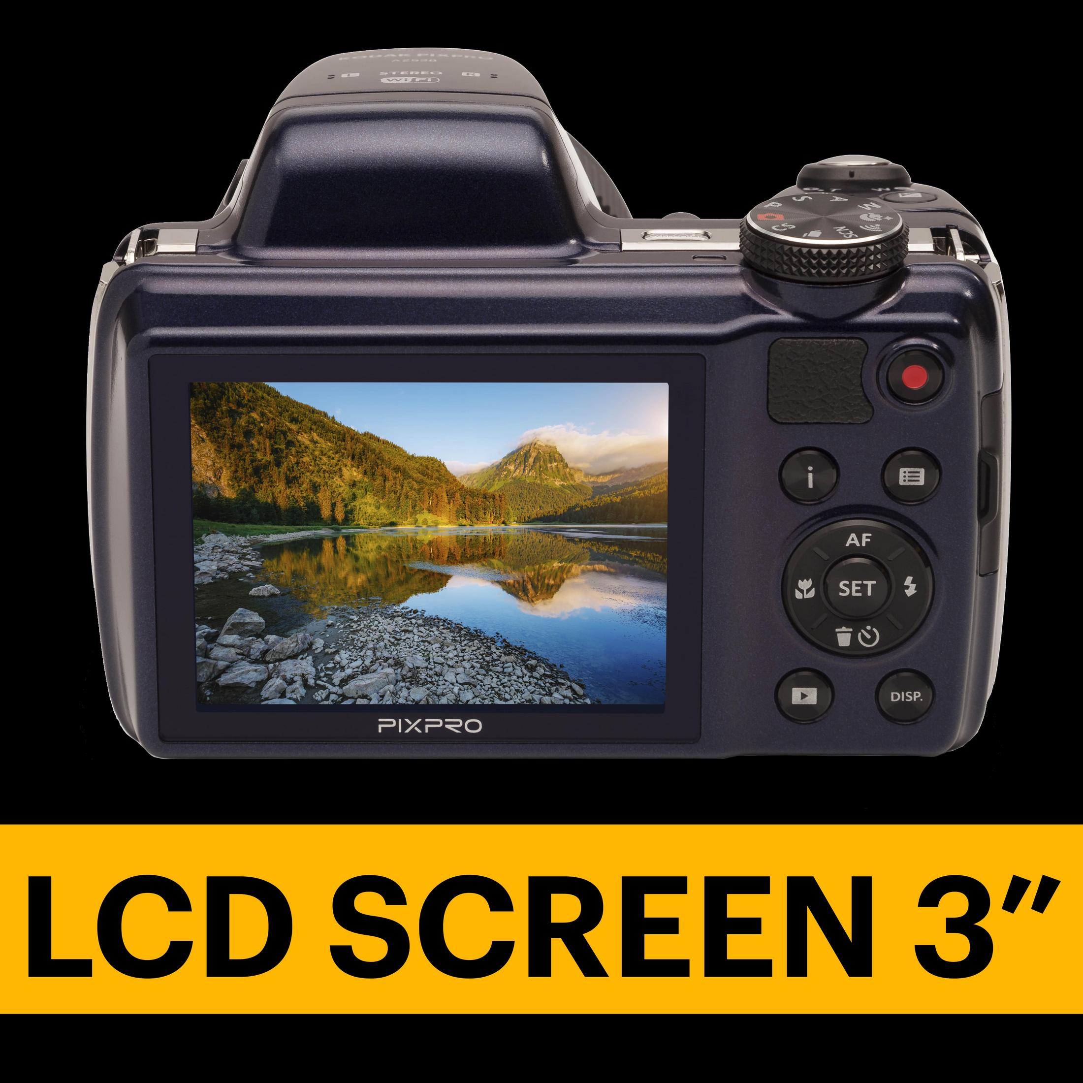 Arrière d'un appareil photo bleu avec écran LCD de 3" montrant un paysage de montagne.