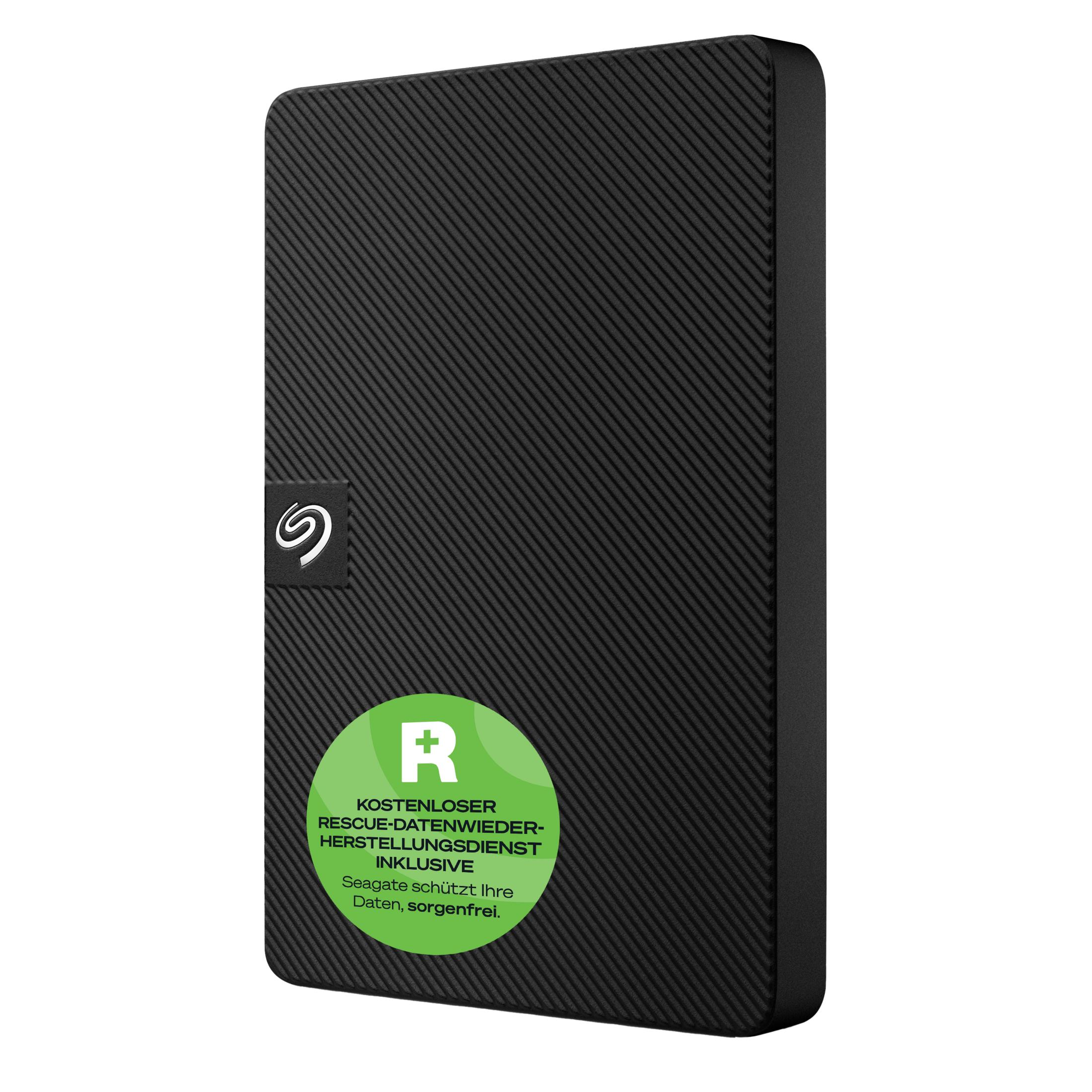 Zwarte externe harde schijf met geribbeld patroon en Seagate-logo.