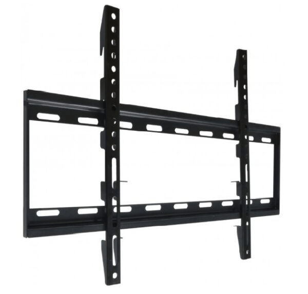 Supporto da parete TV nero con bracci regolabili e fori multipli.
