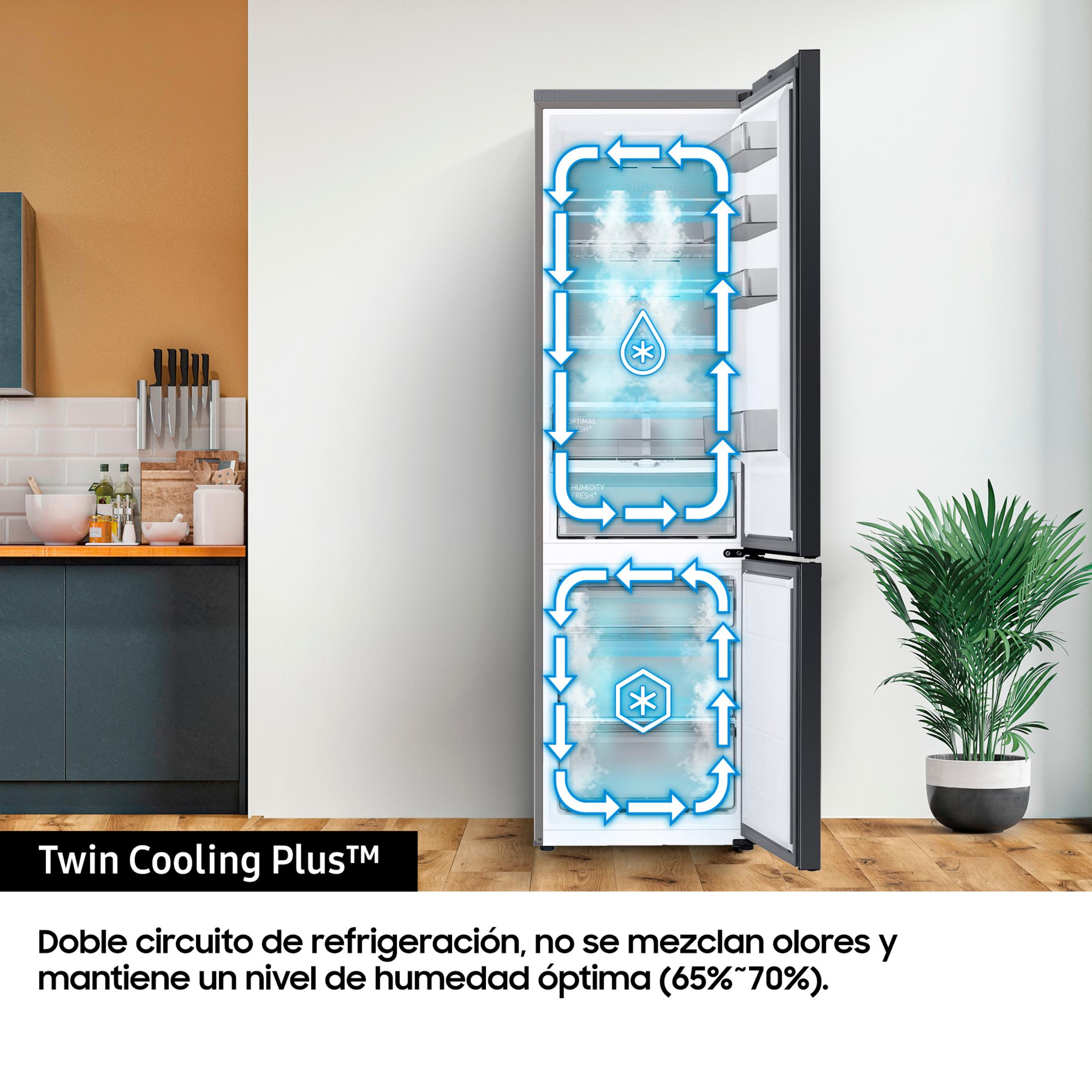 Un refrigerador que muestra el flujo de aire Twin Cooling Plus y control de humedad.