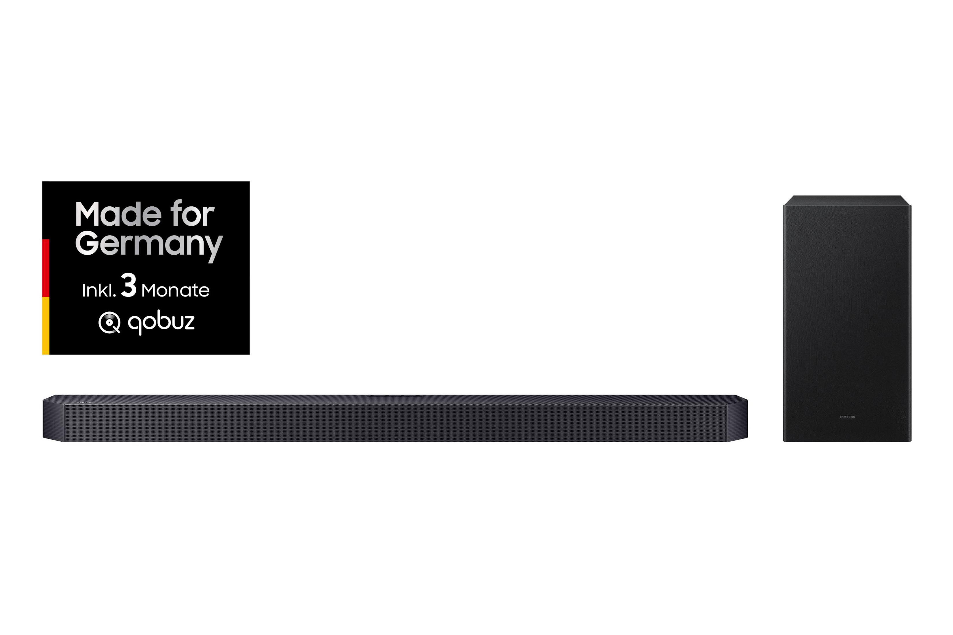 Schwarze Soundbar und Subwoofer mit "Made for Germany"-Logo.