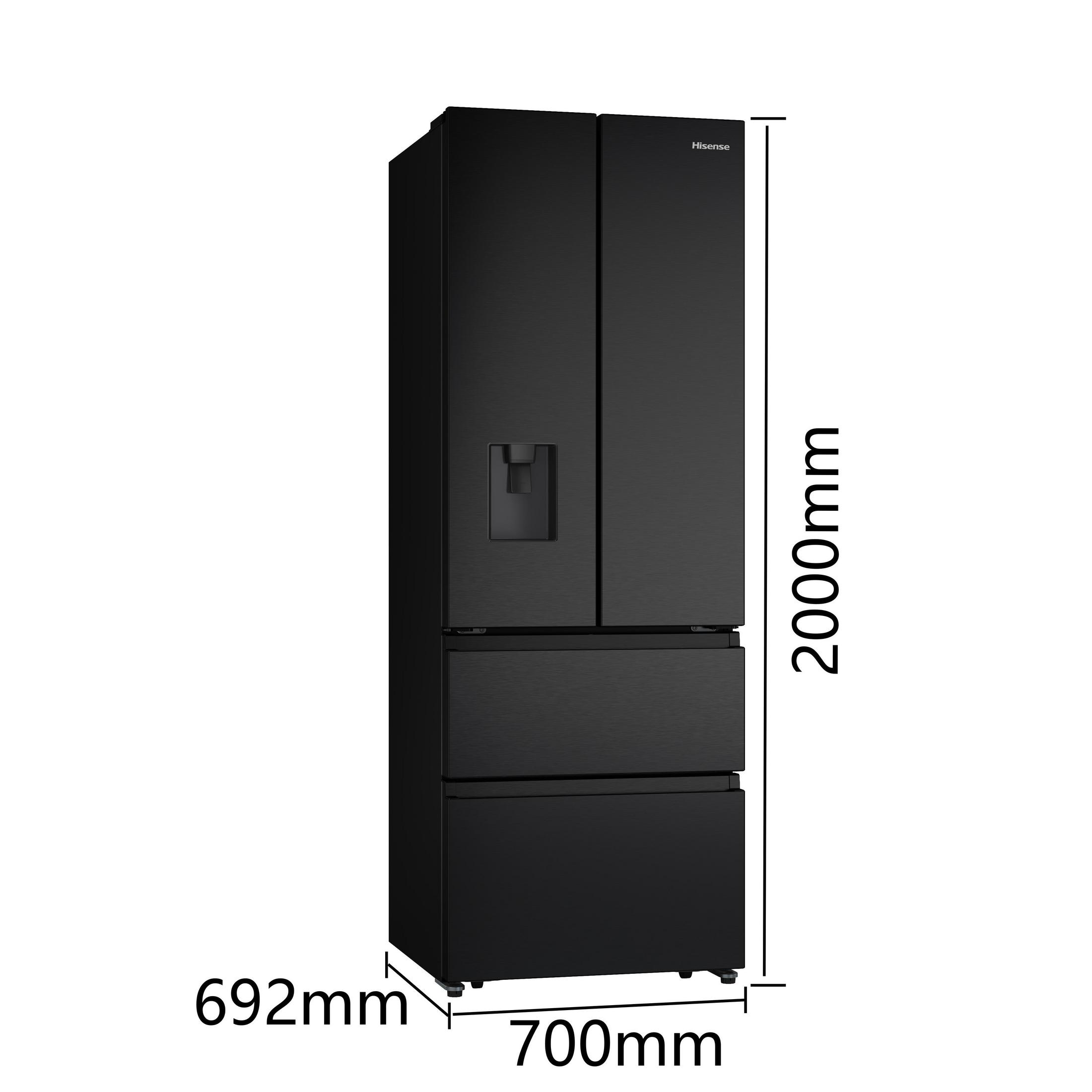 Schwarzer Kühlschrank mit Wasserspender, Höhe 2000mm, Breite 700mm, Tiefe 692mm.