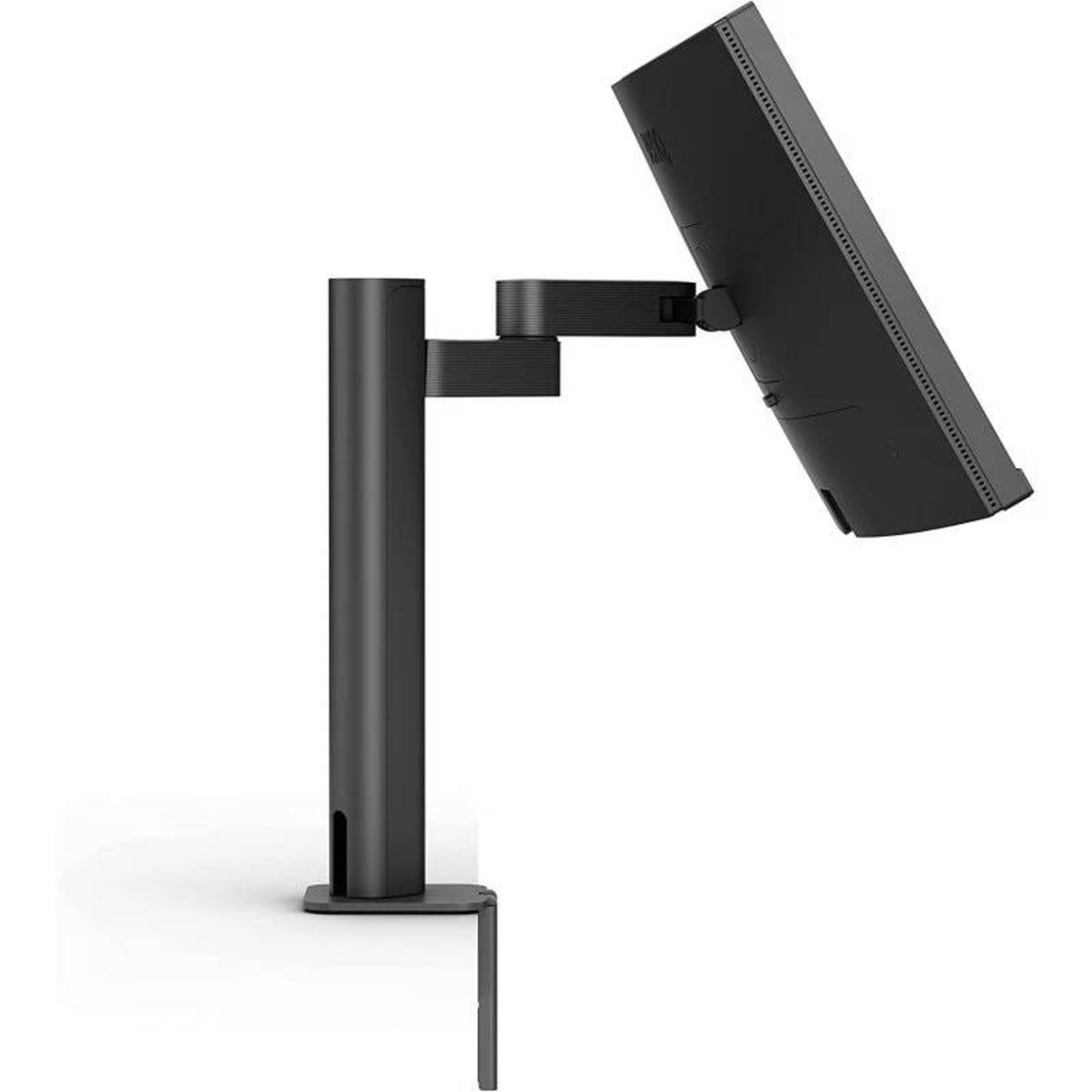 Ein schwarzer Monitorarm mit einem Monitor auf weißem Hintergrund.