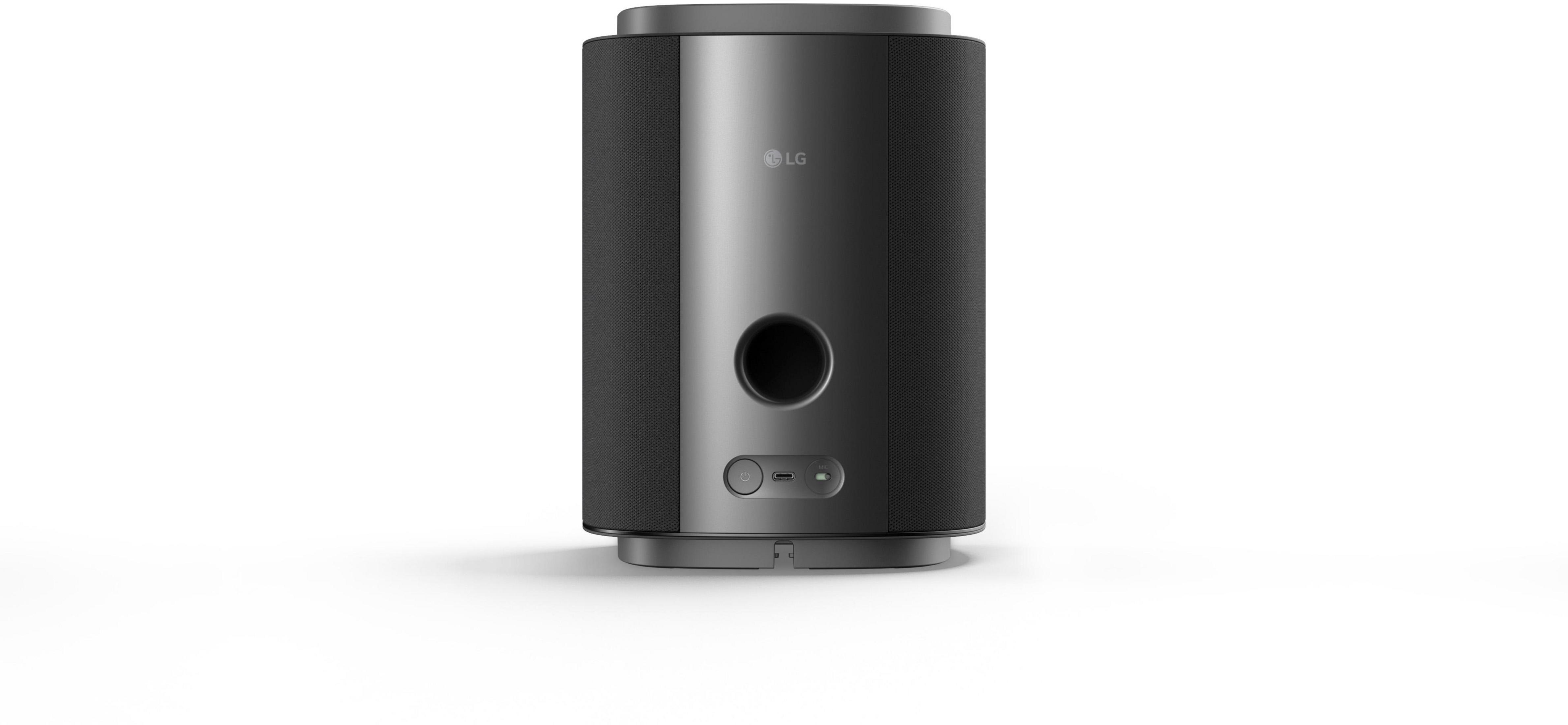 Altoparlante LG con tessuto nero ed elemento argentato.