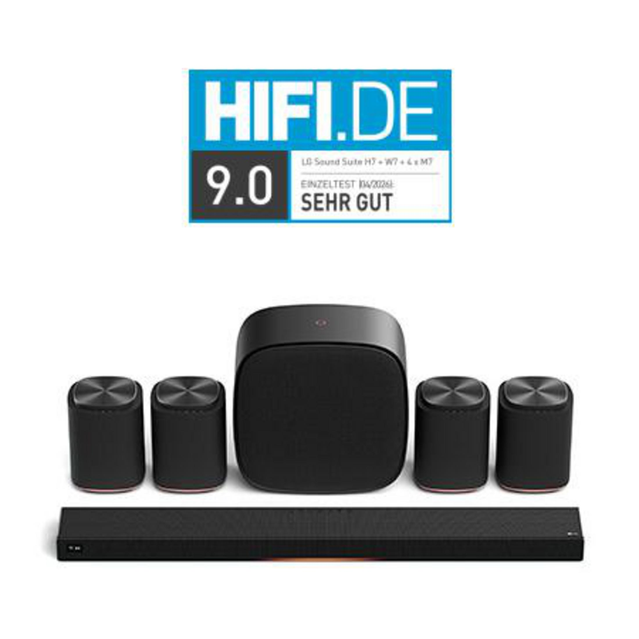 Sistema di altoparlanti nero con subwoofer e soundbar. Logo HIFI.DE in alto.