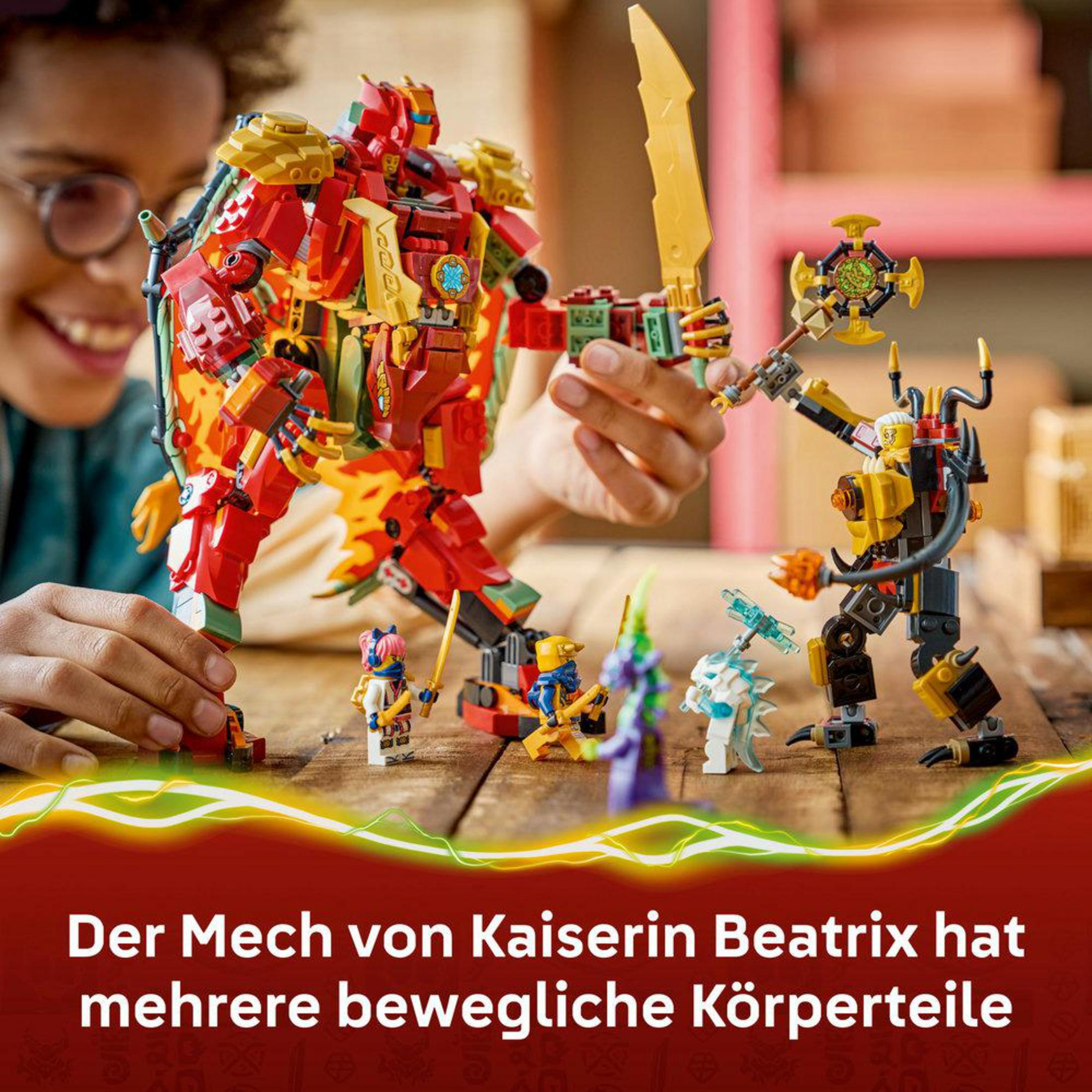 Un niño juega con figuras de Lego coloridas y un gran mecha rojo.