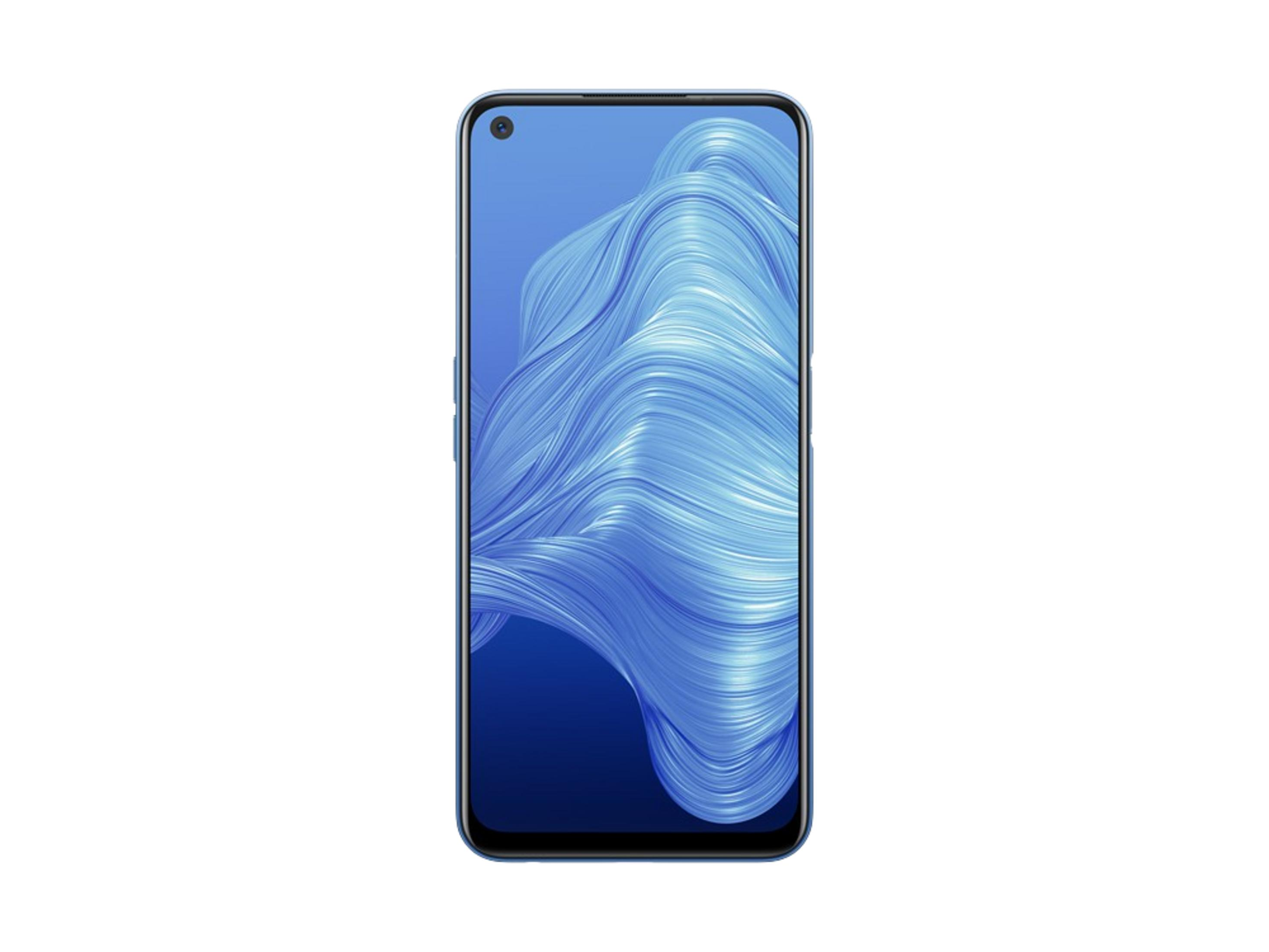 Uno smartphone blu con uno sfondo blu ondulato. Fotocamera in alto a sinistra.