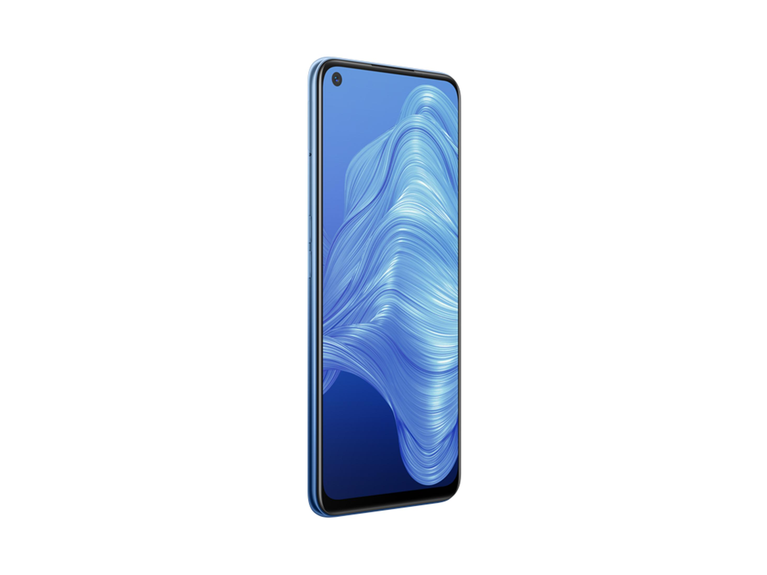 Smartphone blu con motivo ondulato sullo schermo, sfondo bianco.