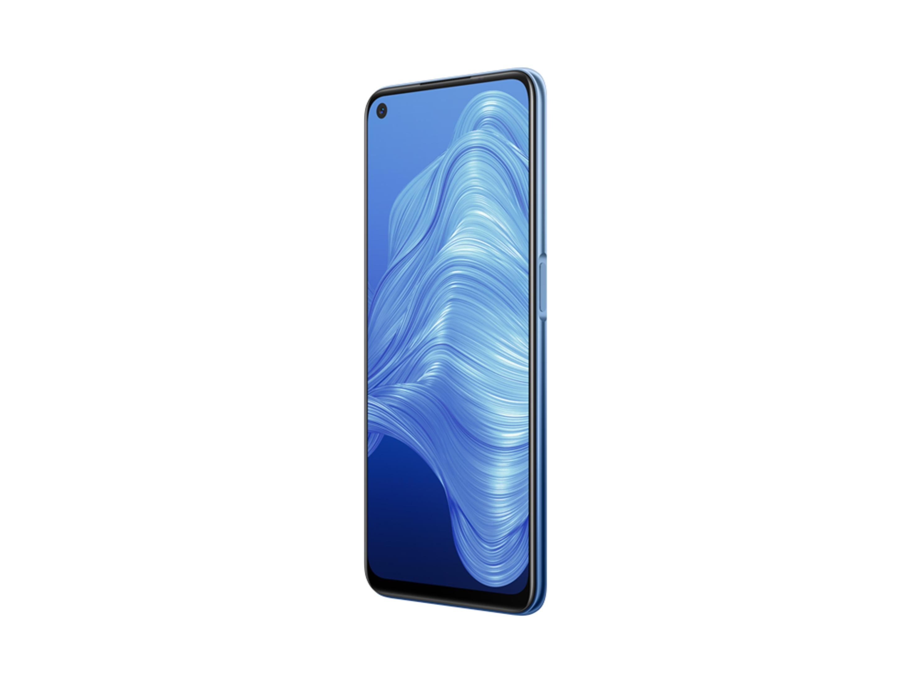 Uno smartphone blu con motivo ondulato sullo schermo, sfondo bianco.