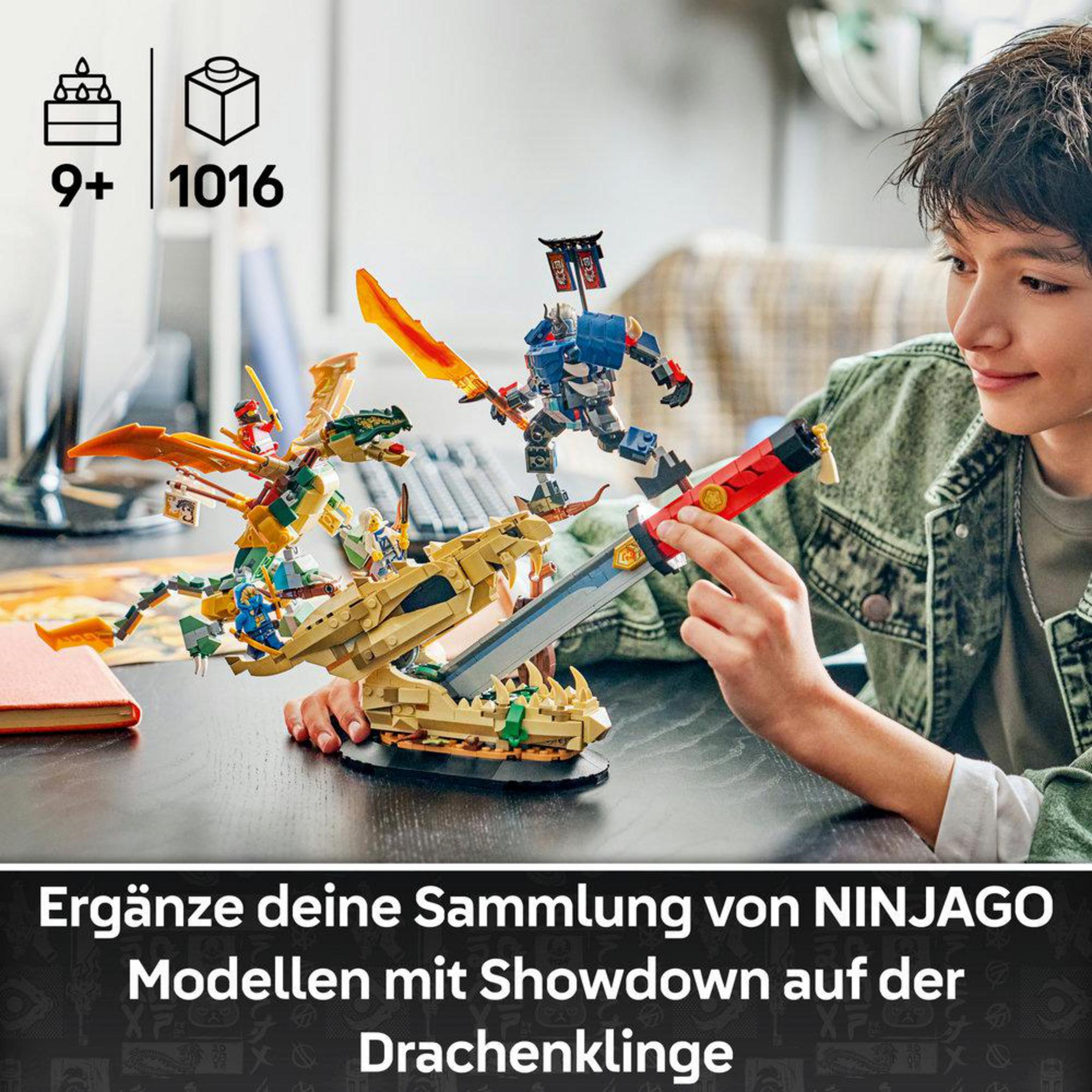 Un niño sostiene un set de Lego Ninjago con dragones y robots.