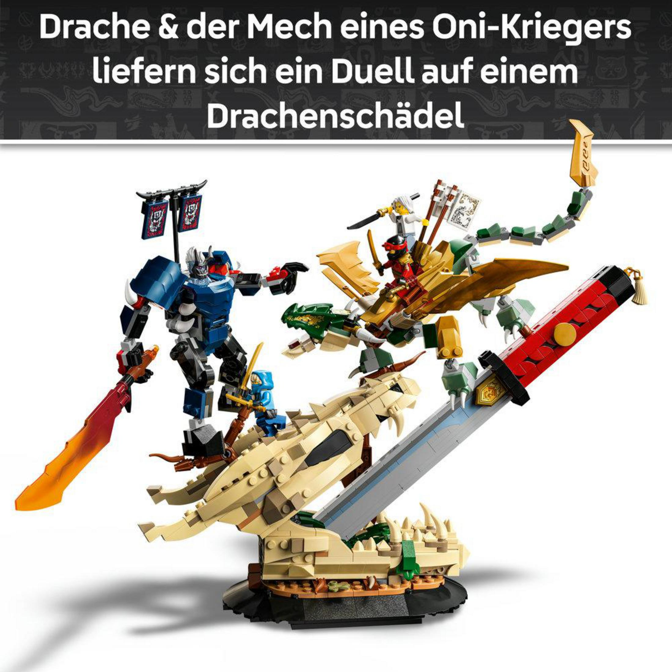 Un mecha azul lucha contra un jinete de dragón dorado en un cráneo de dragón.