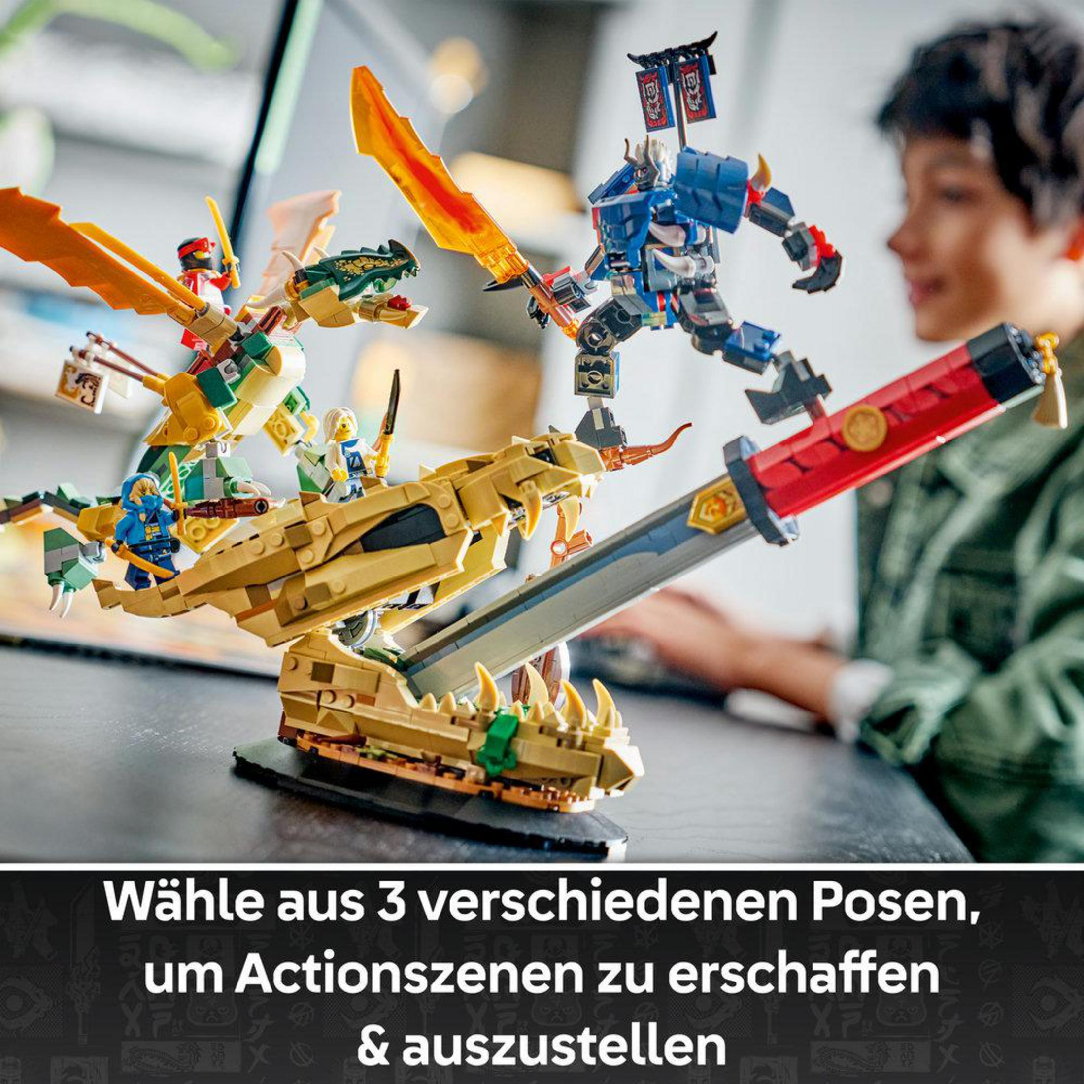 Figuras Lego Ninjago con dragones y robot delante de un niño