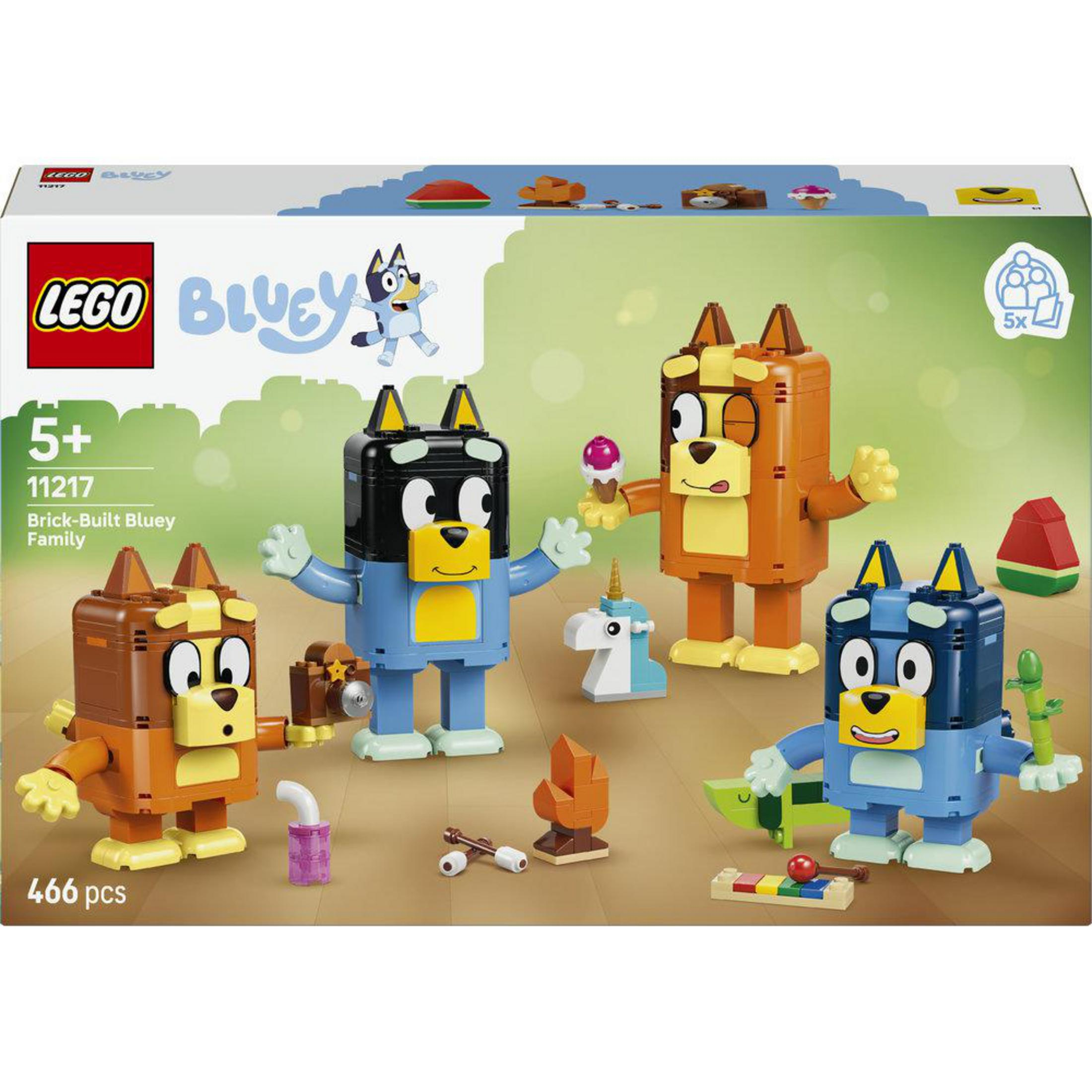 Set de juguete Lego Bluey familiar con cuatro figuras, helado, unicornio y accesorios.
