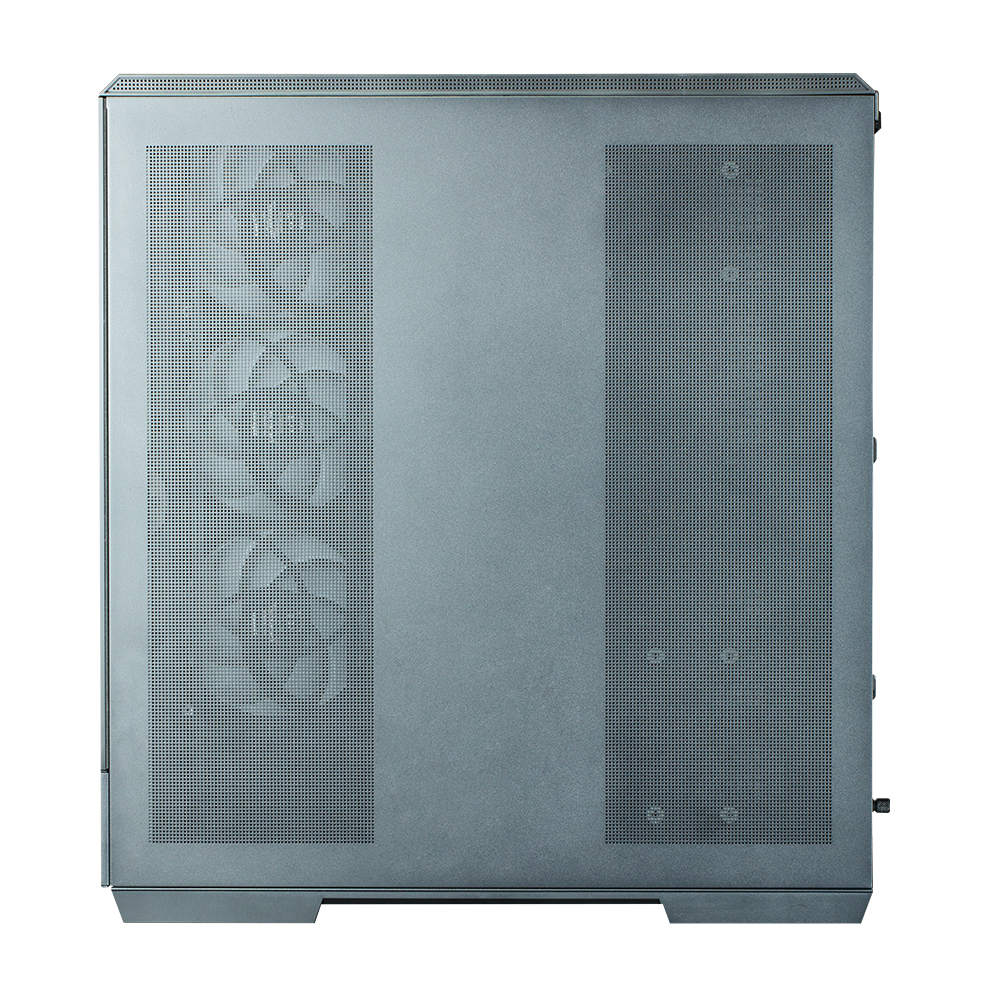 Case del computer grigio con griglie per ventole e loghi stilizzati.