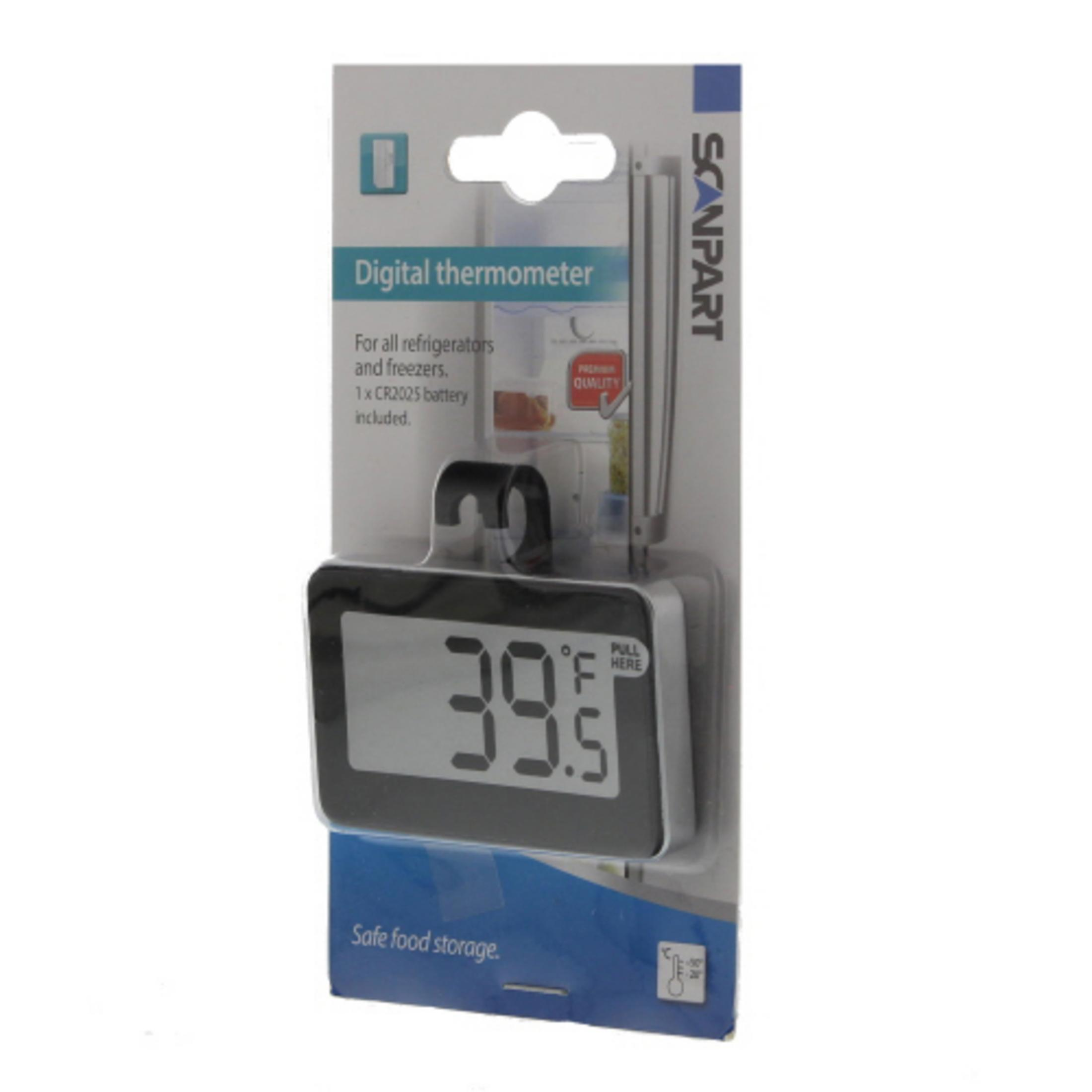 Ein digitales Thermometer mit 39,5°F Anzeige, zum Aufhängen.