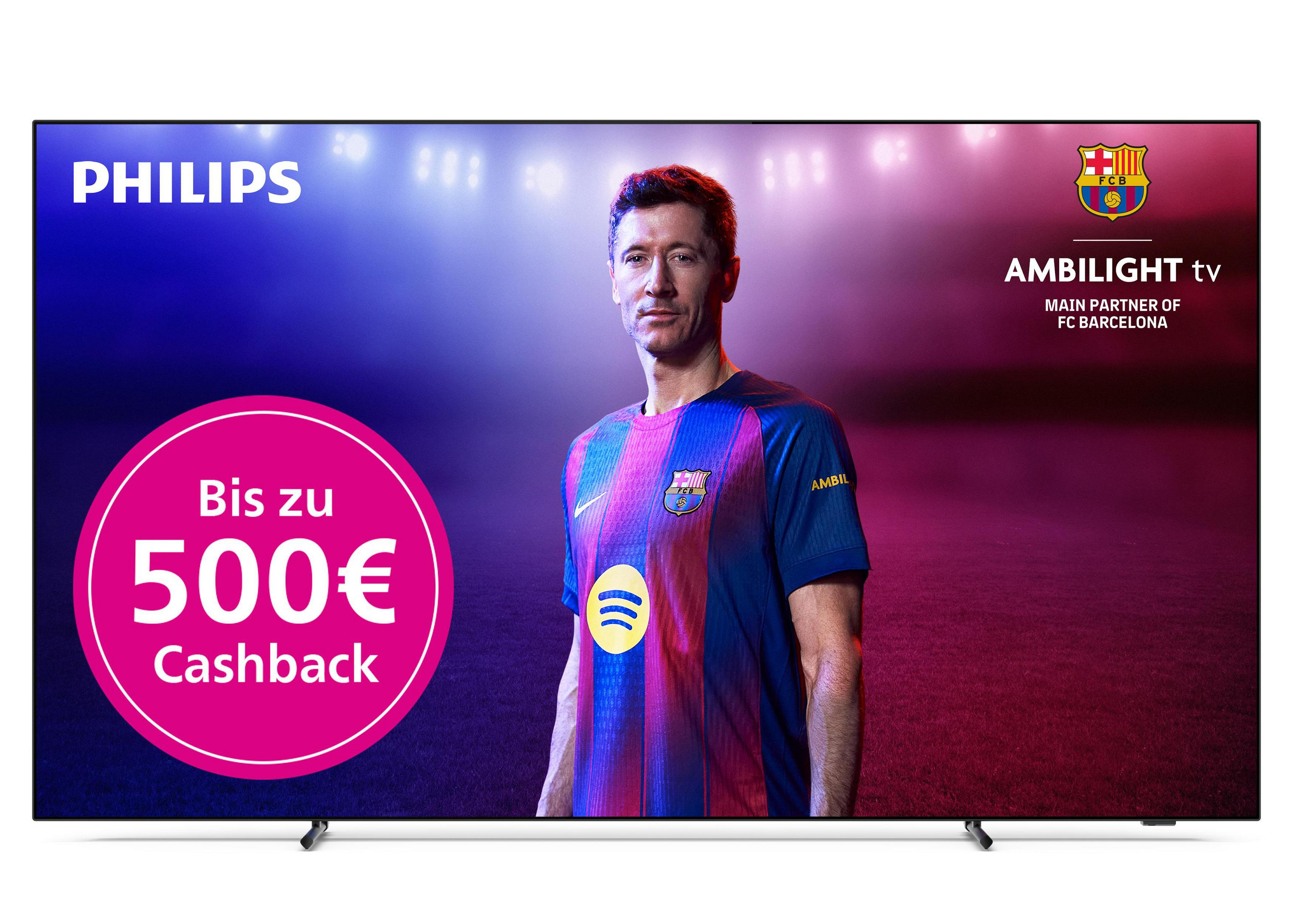 TV Philips: Lewandowski in maglia FCB, 500€ cashback, TV Ambilight.
