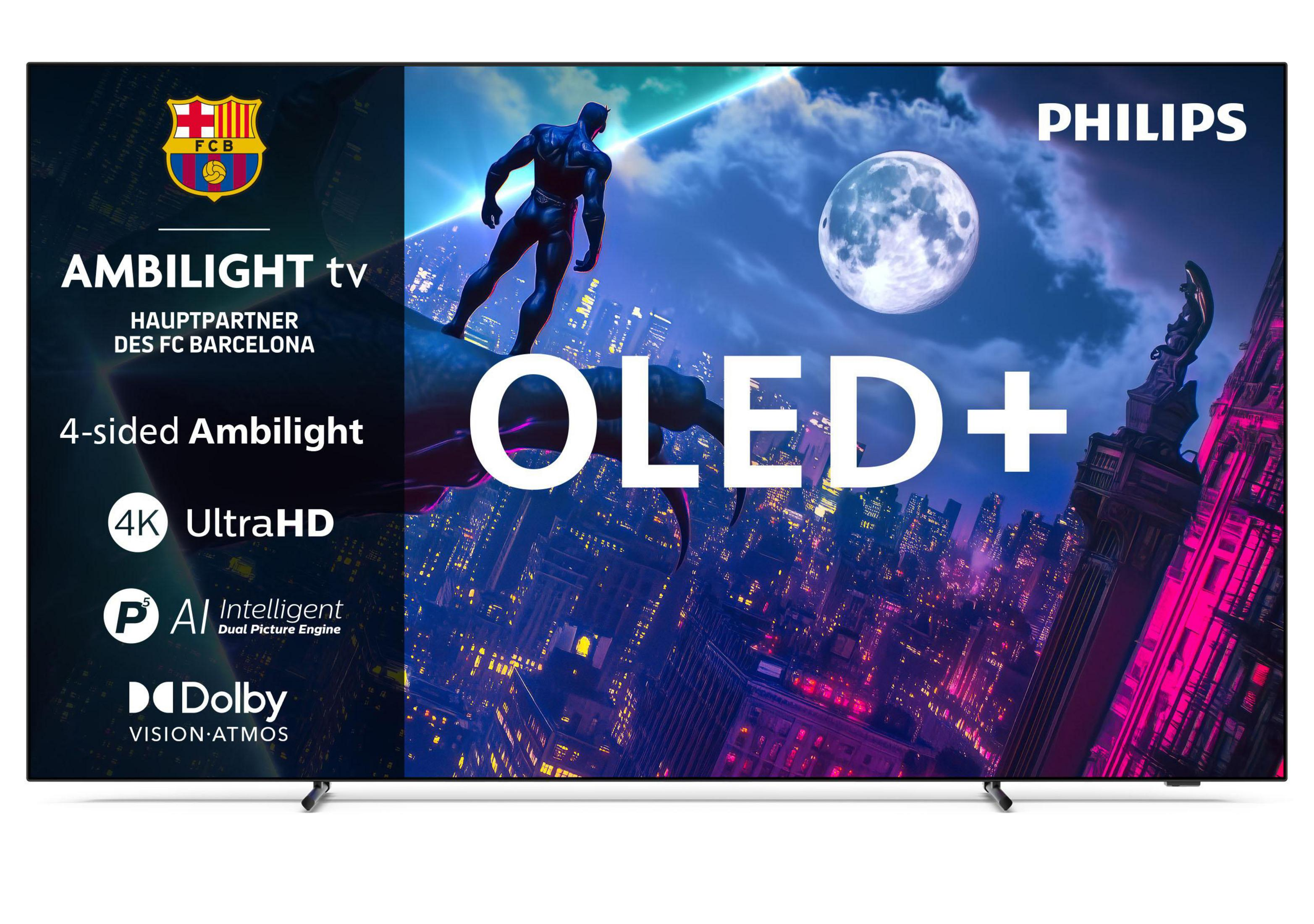 Una TV Philips OLED+ con Ambilight, logo FC Barcelona e skyline.