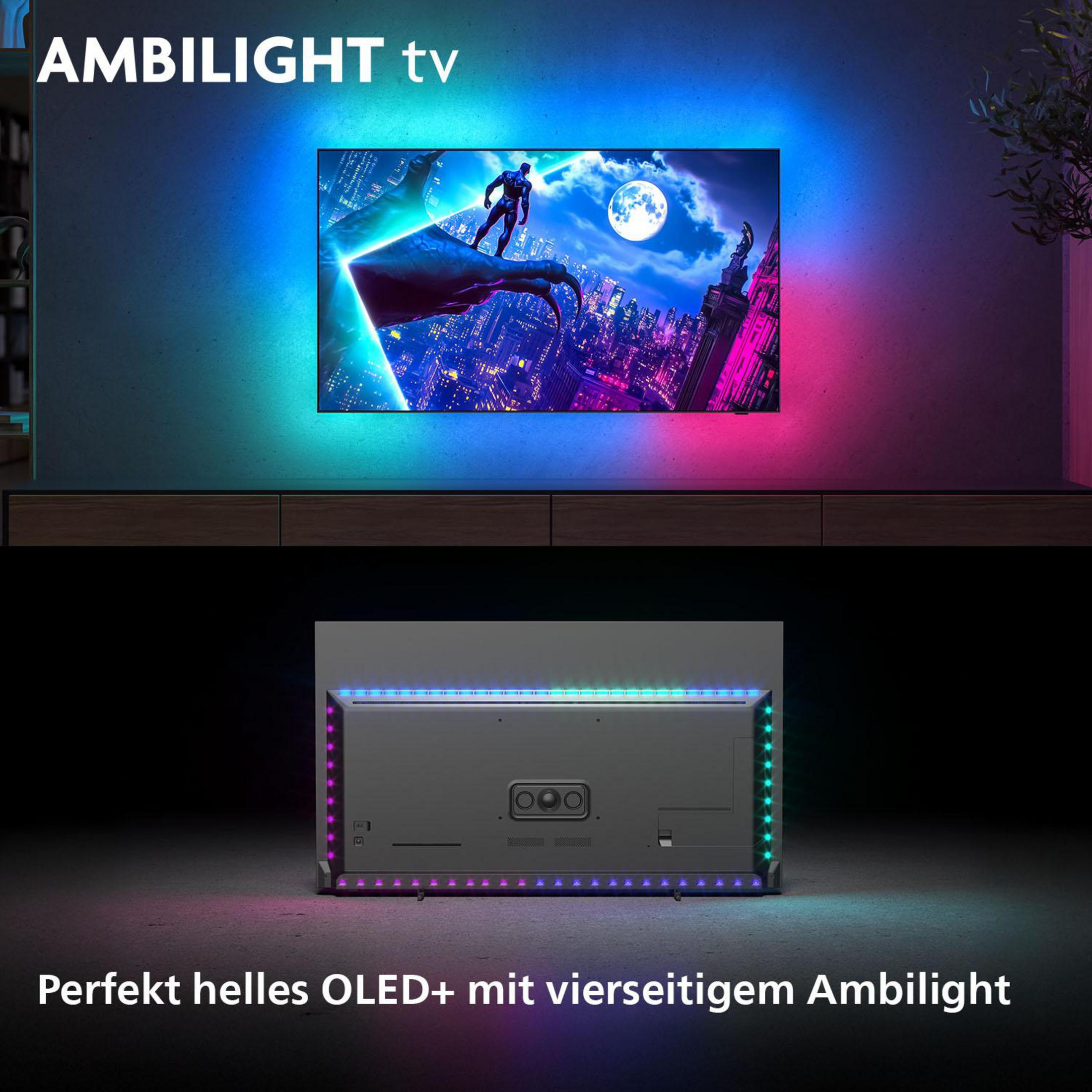 Una TV Ambilight con un uomo in piedi su un paesaggio urbano.
