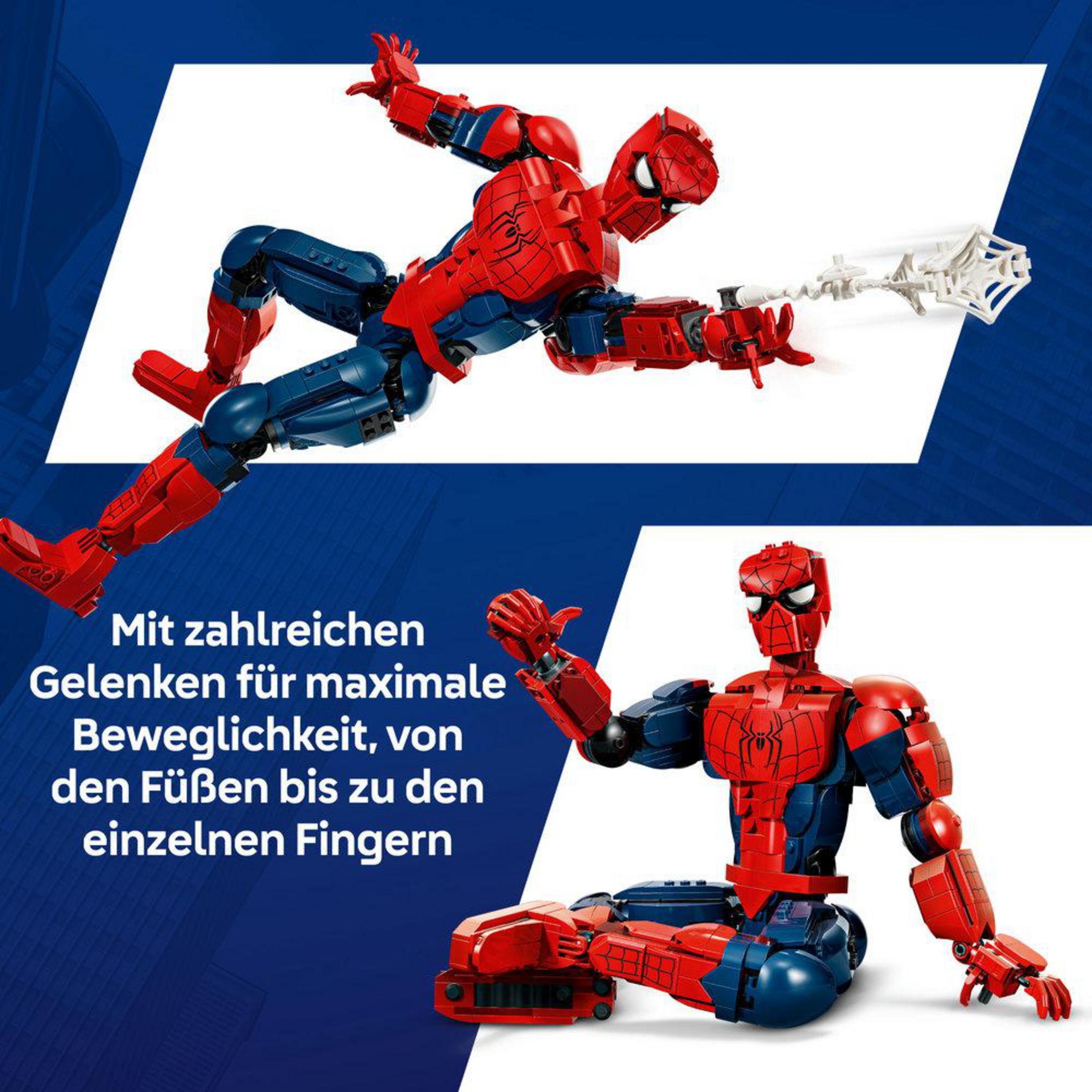 Due figure LEGO di Spiderman in azione, una si dondola, l'altra è seduta.