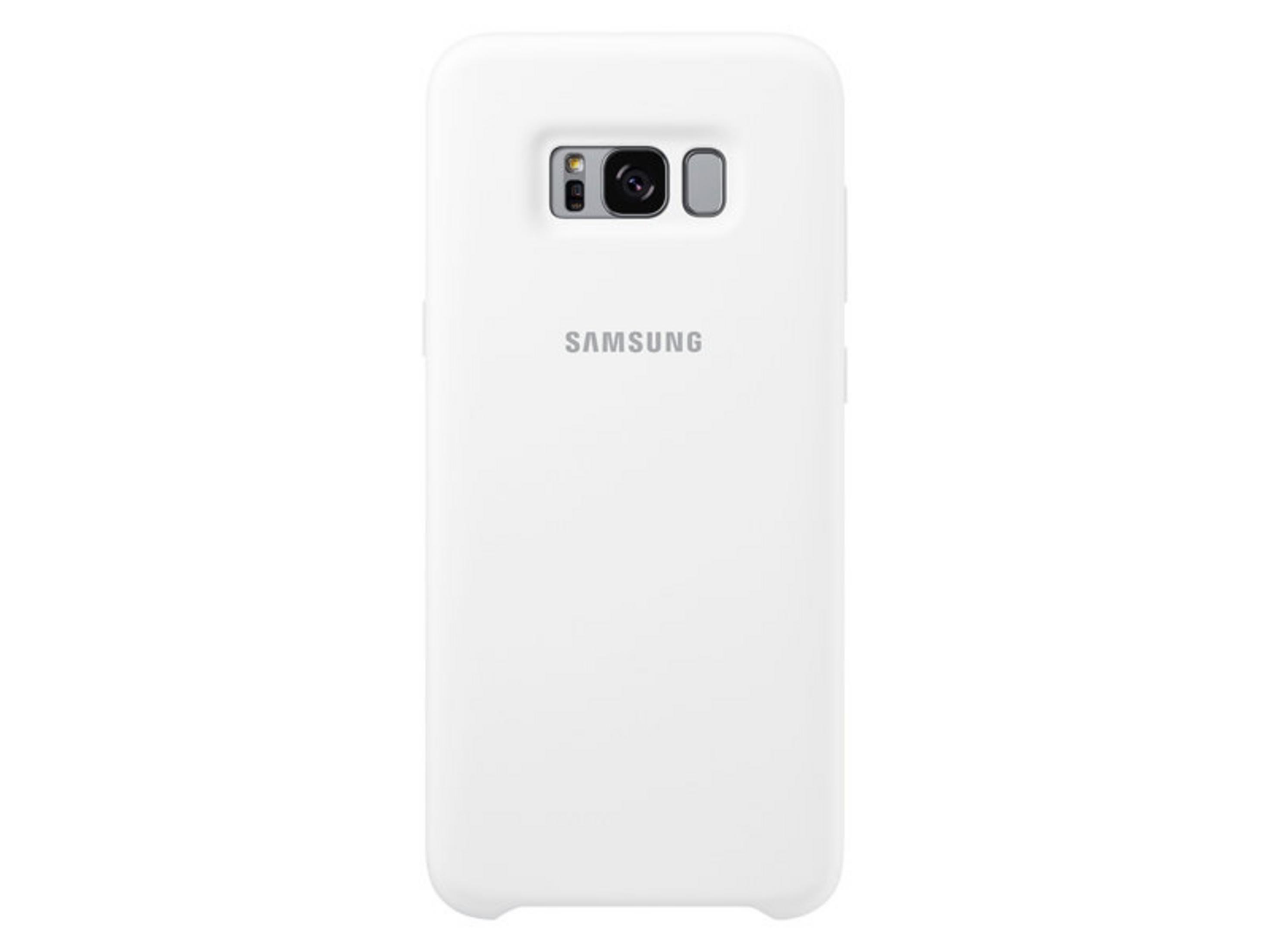 Ein weißes Samsung Smartphone mit zwei Kameralinsen und Blitz.