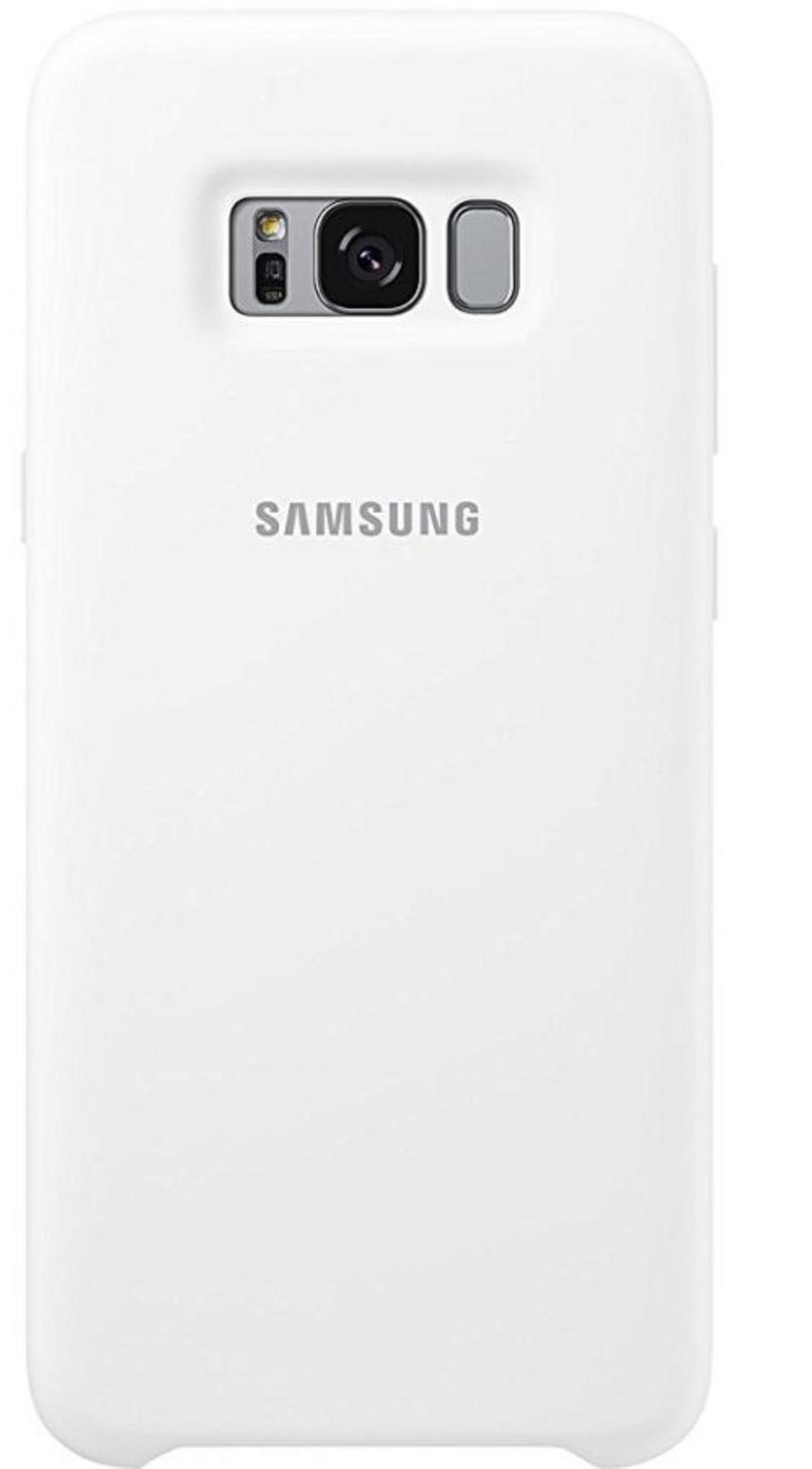 Weiße Samsung Handyhülle mit Kameralinse und Blitz. Samsung-Logo ist sichtbar.