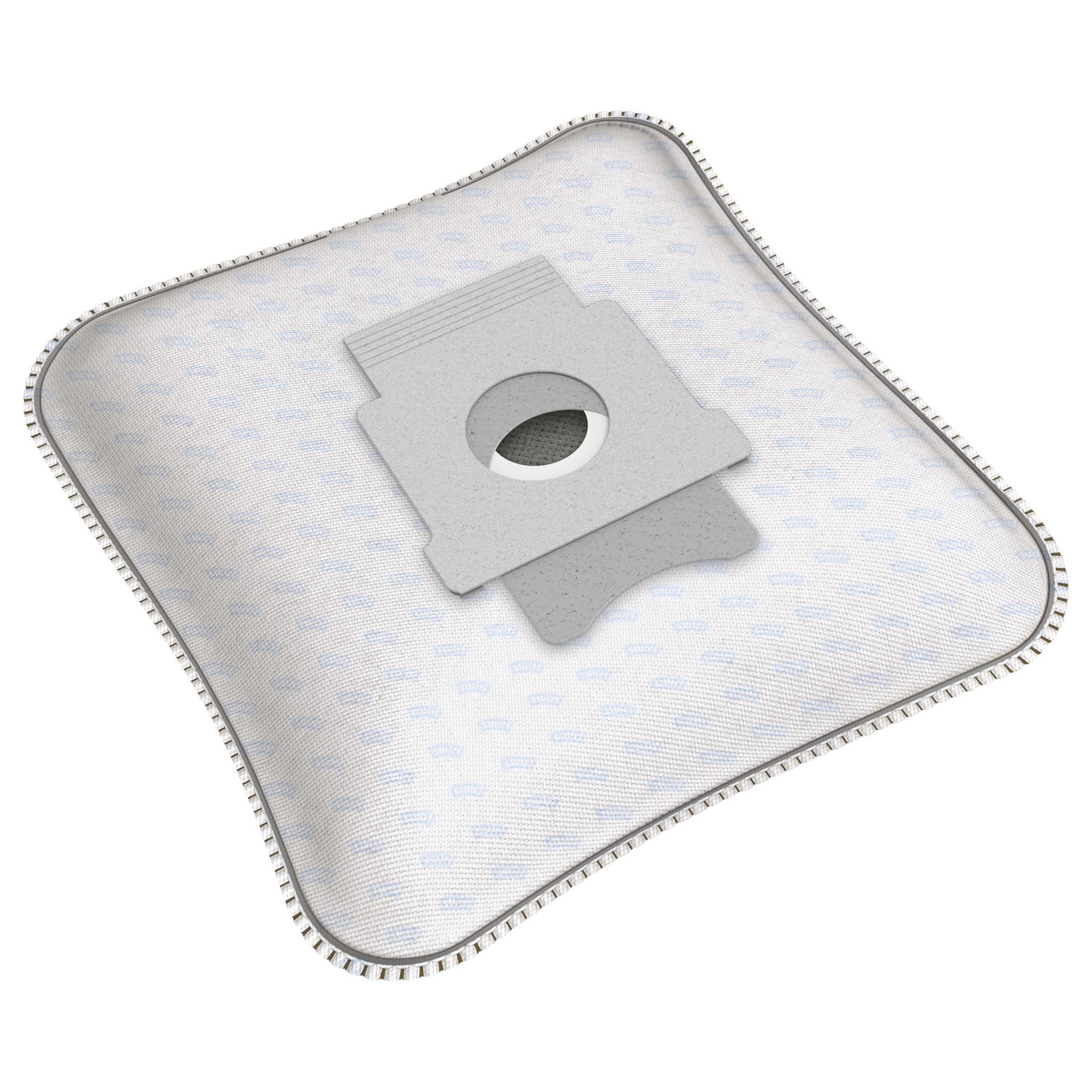 Bolsa de aspiradora gris con patrón azul sobre fondo blanco.