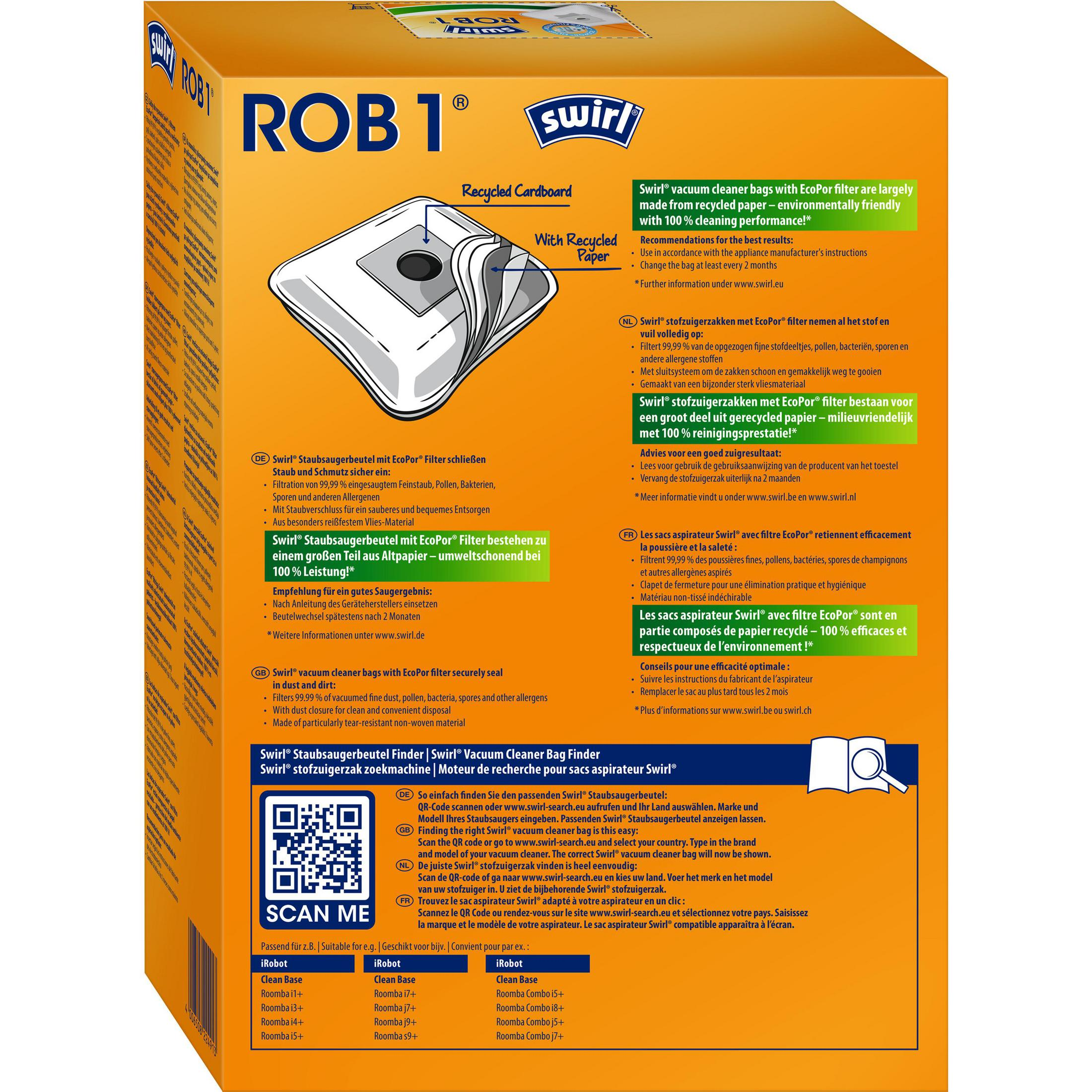 Bolsas Swirl Rob1 con filtro EcoPor, hechas de papel reciclado.