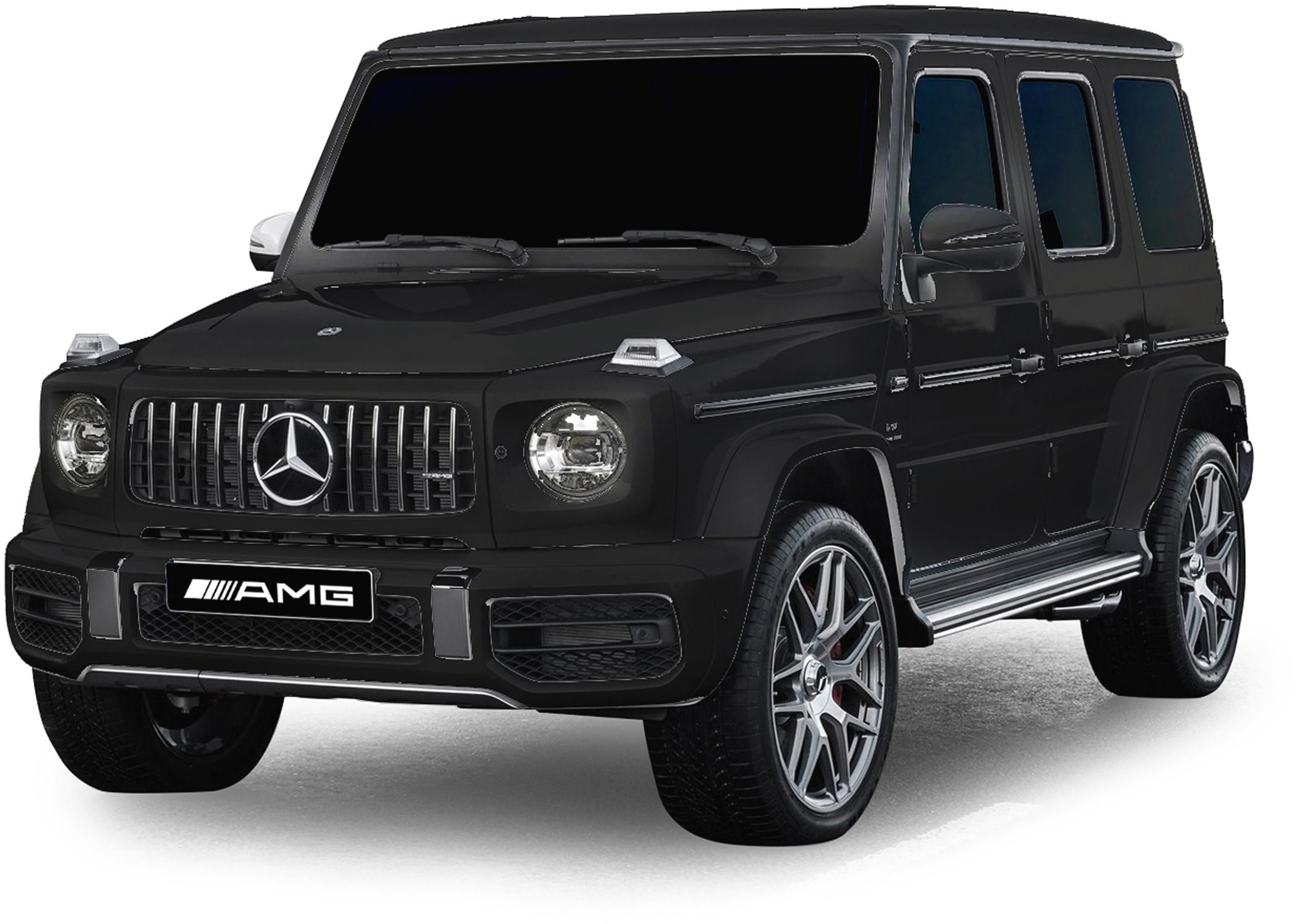 Ein schwarzer Mercedes-AMG G 63 SUV steht auf einem weißen Hintergrund.