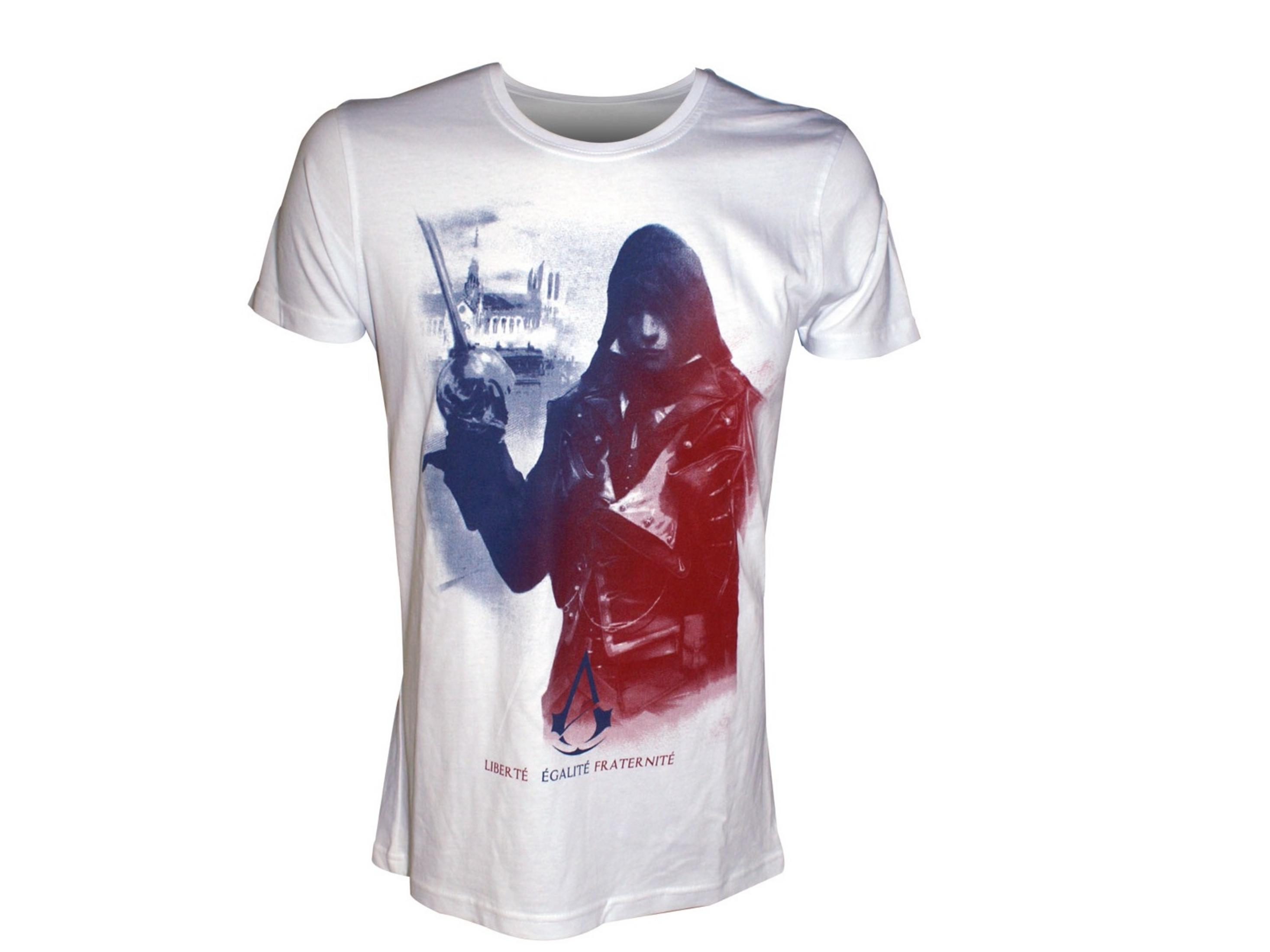 Ein weißes T-Shirt mit einem Assassinen-Motiv in Rot und Blau, der ein Schwert hält.