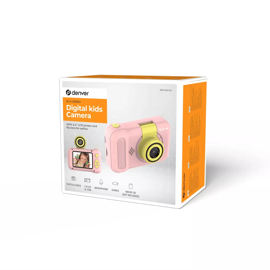 Verpackung einer rosa Digitalkamera für Kinder mit gelbem Objektiv.
