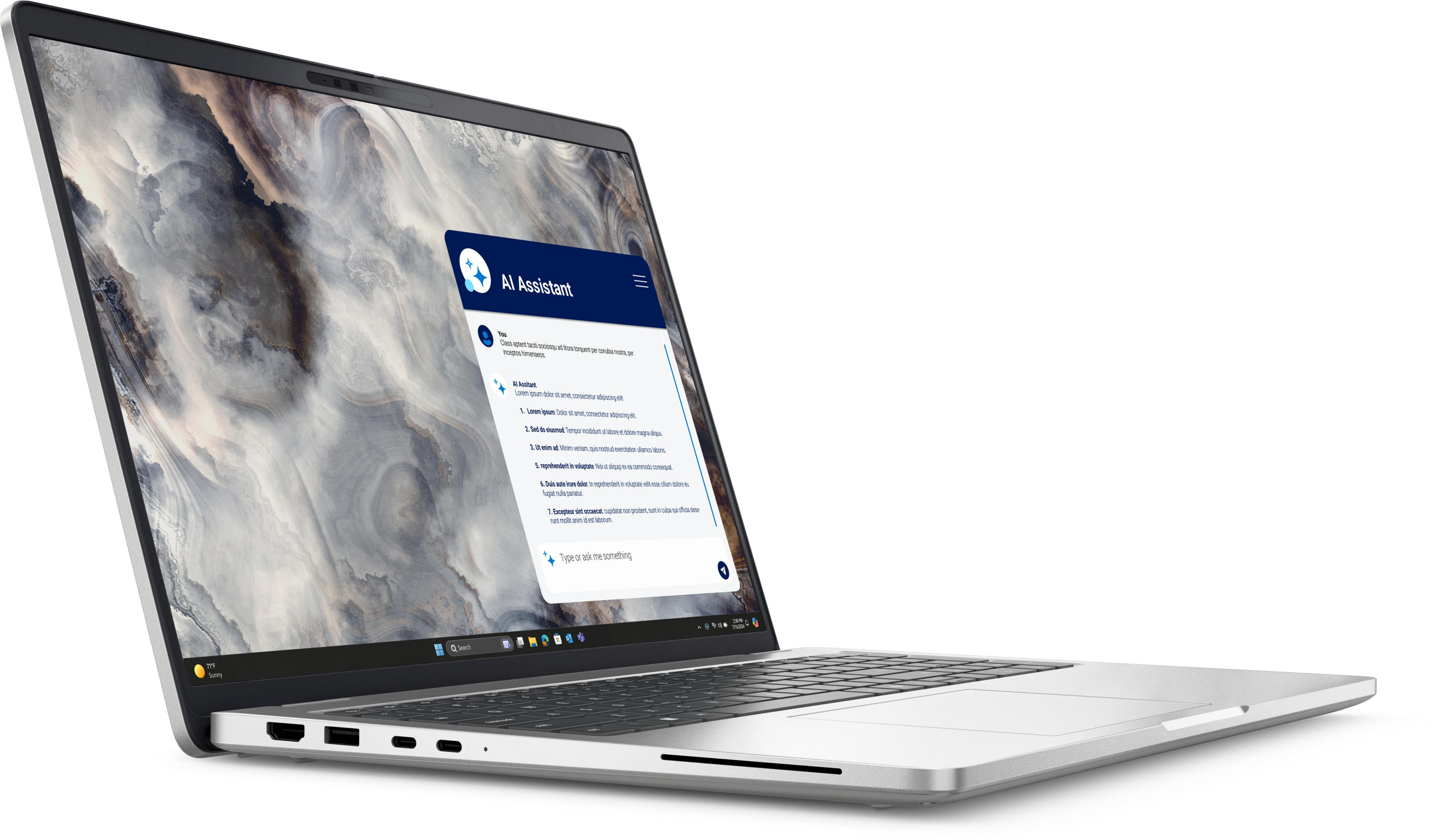 Srebrny laptop z abstrakcyjną tapetą i oknem Asystenta AI.