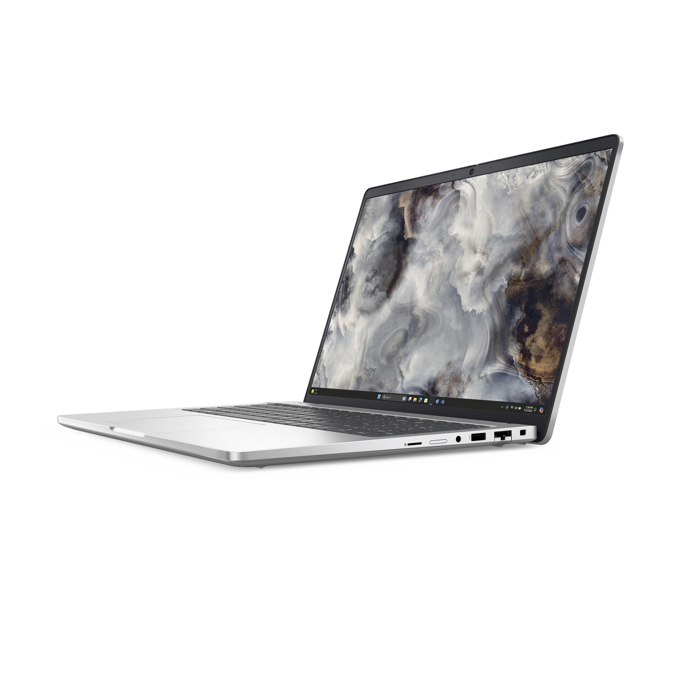 Srebrny laptop z otwartym ekranem, wyświetlający abstrakcyjny obraz.
