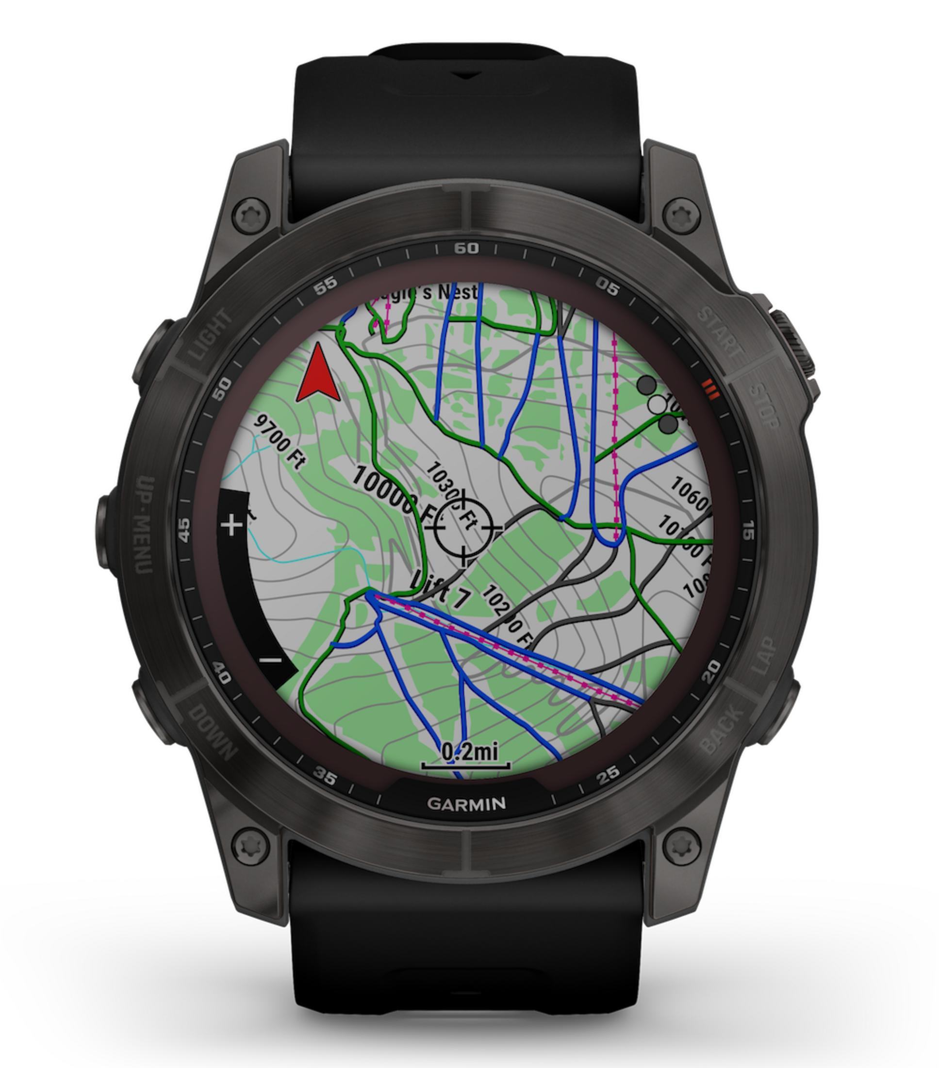 Eine schwarze Garmin-Uhr zeigt eine topografische Karte mit Höhenlinien und Wegen.