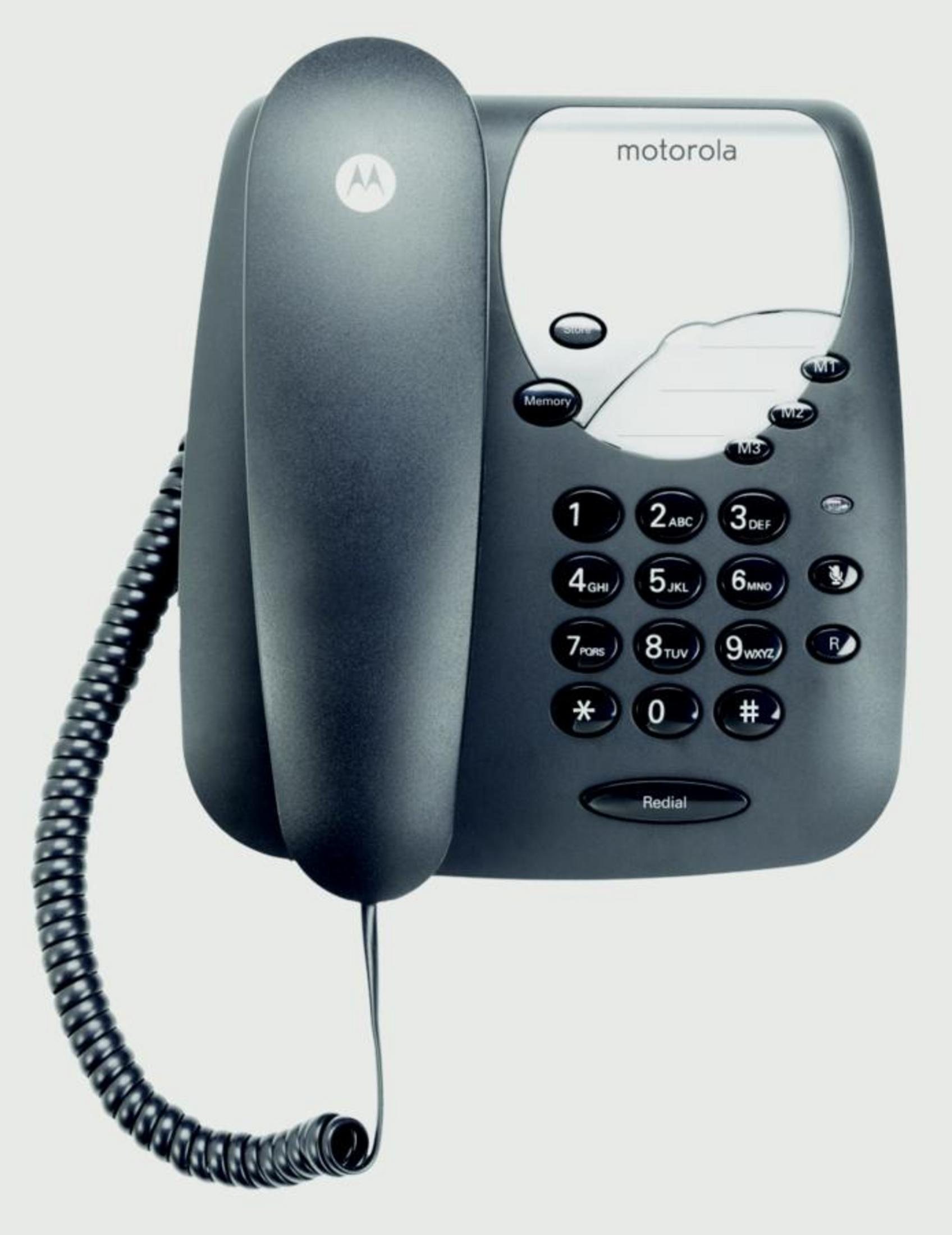 Un telefono fisso grigio con tastiera e logo Motorola.