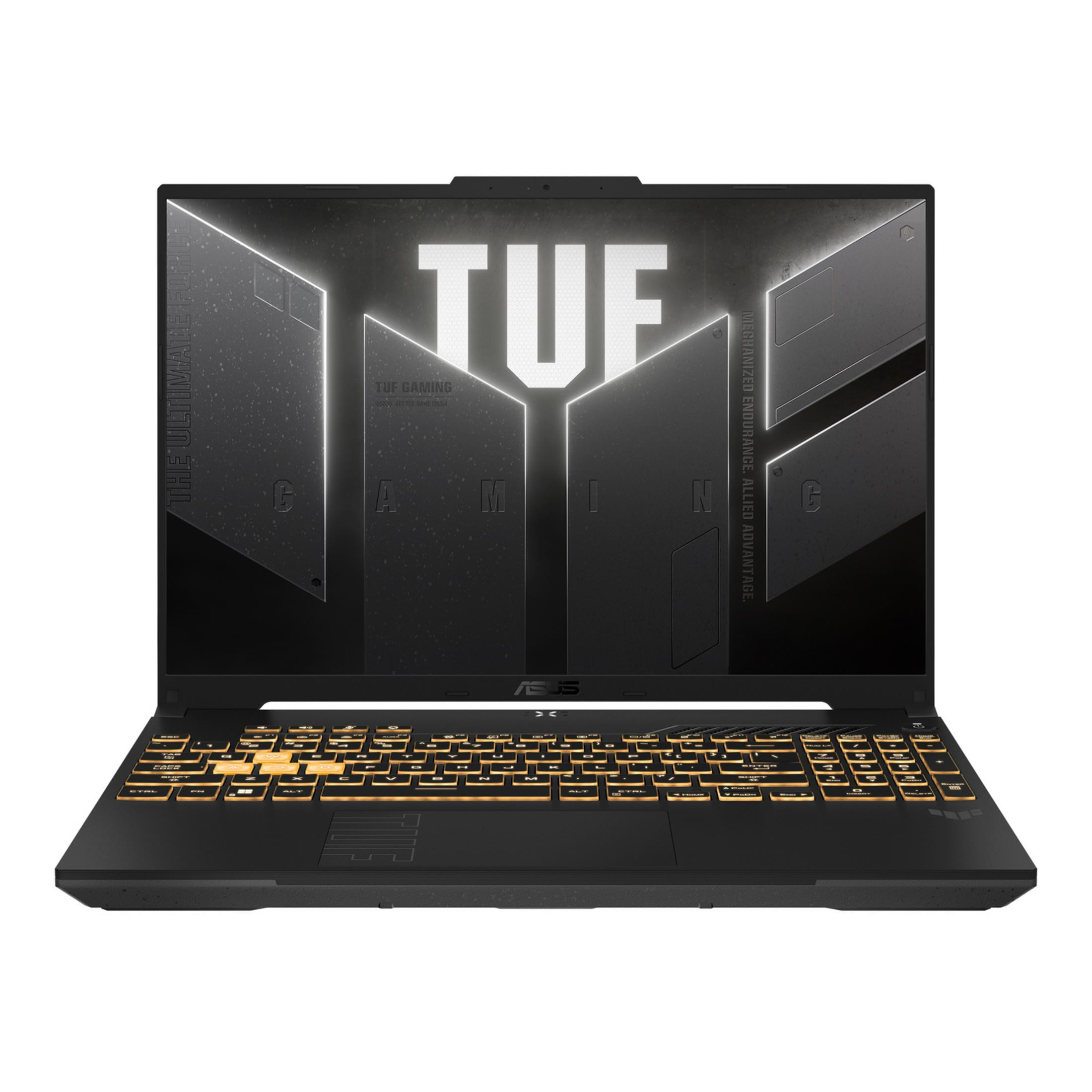 Un portátil negro con teclado retroiluminado y el logo de TUF en la pantalla.