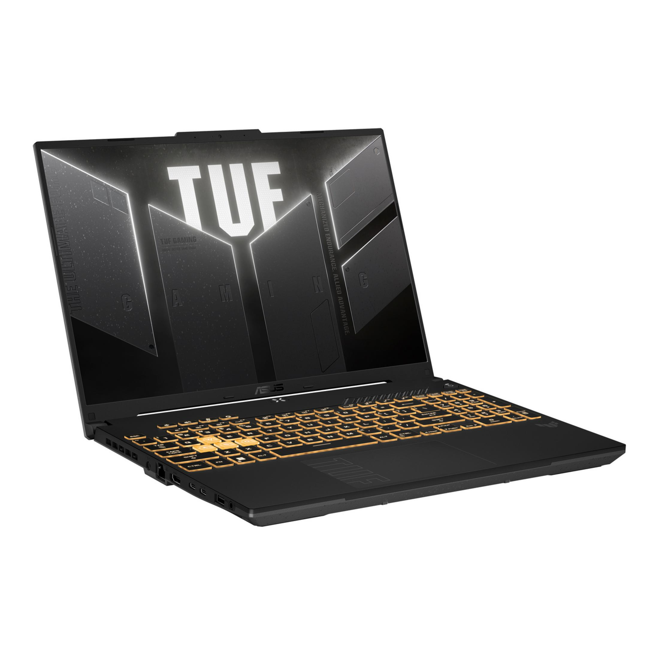 Portátil gaming ASUS TUF negro con teclado naranja iluminado y logo TUF en pantalla.