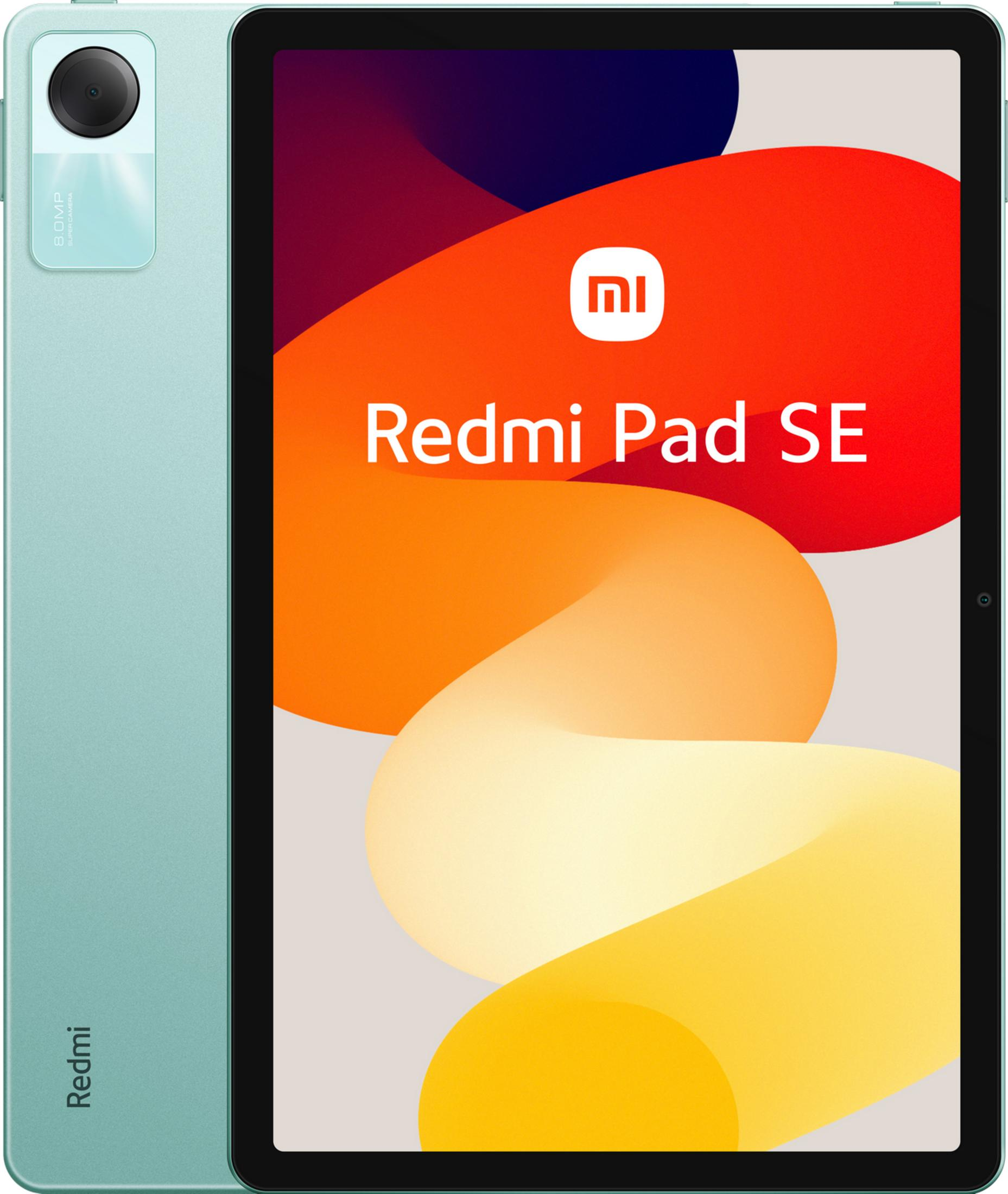 Una tableta Redmi Pad SE turquesa con cámara de 80MP y fondo abstracto.