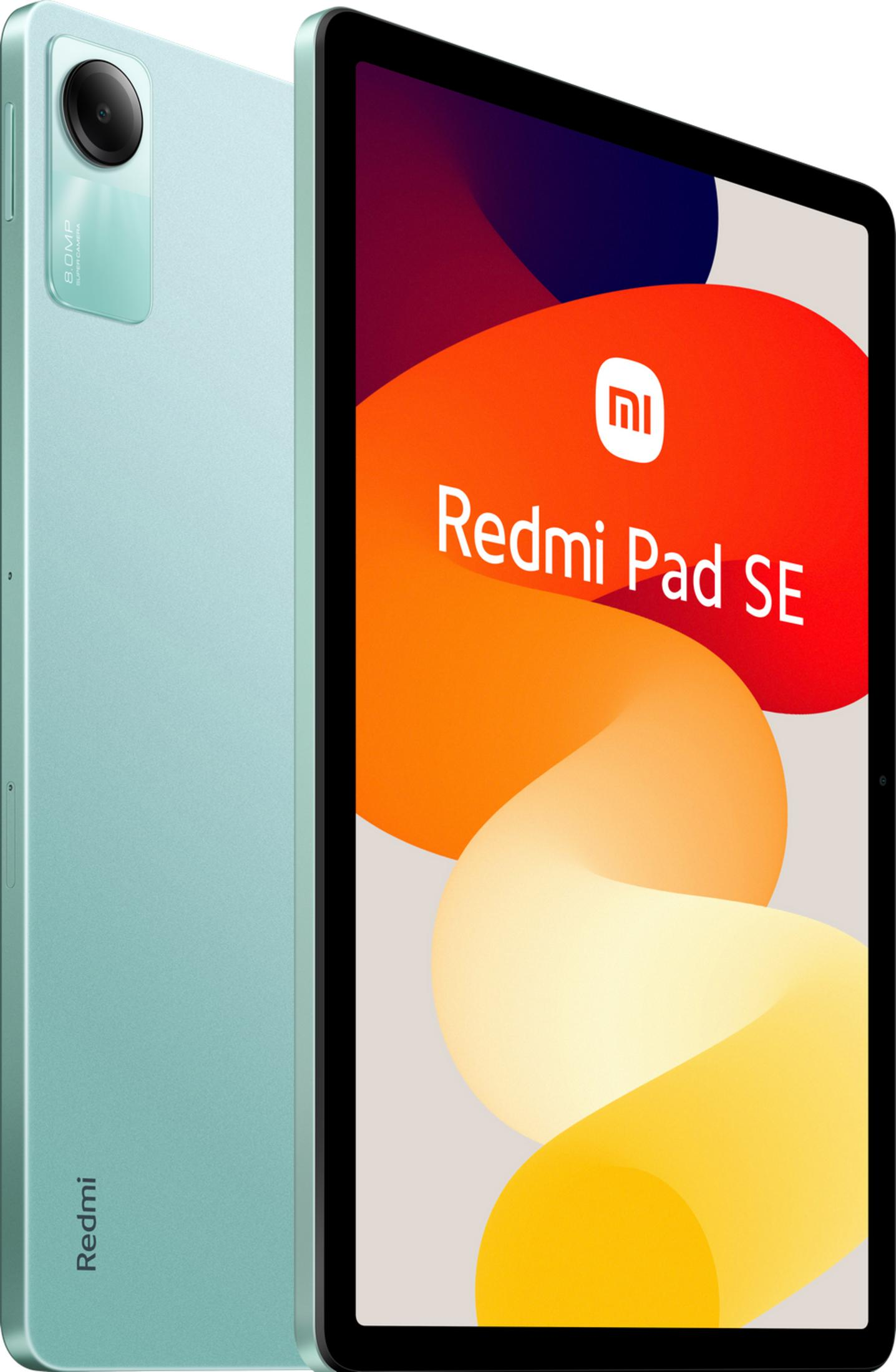 Una tableta verde menta con logo de Redmi atrás y texto "Redmi Pad SE" en la pantalla.