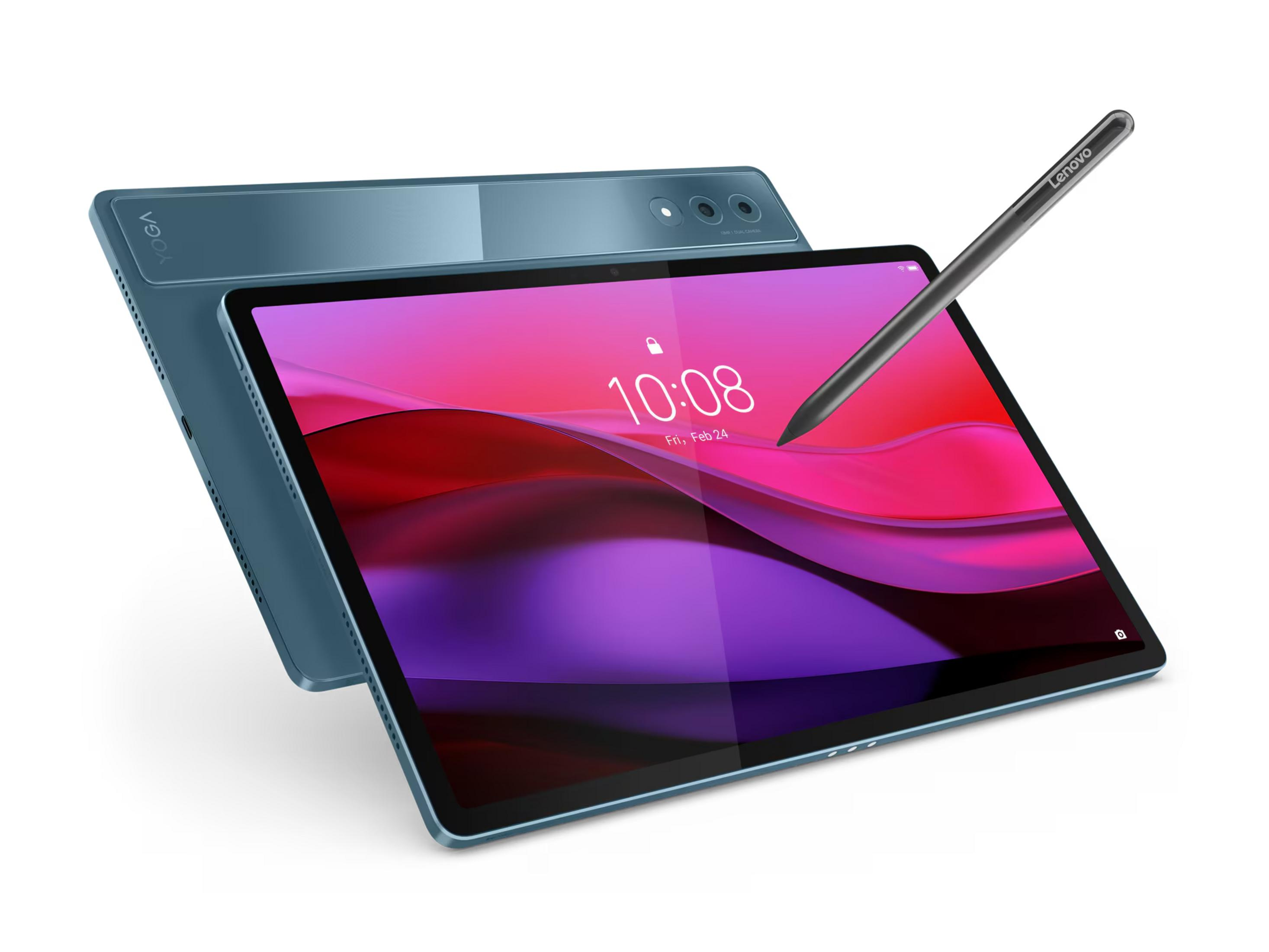 Un tablet Lenovo Yoga blu con stilo, che mostra uno sfondo astratto.