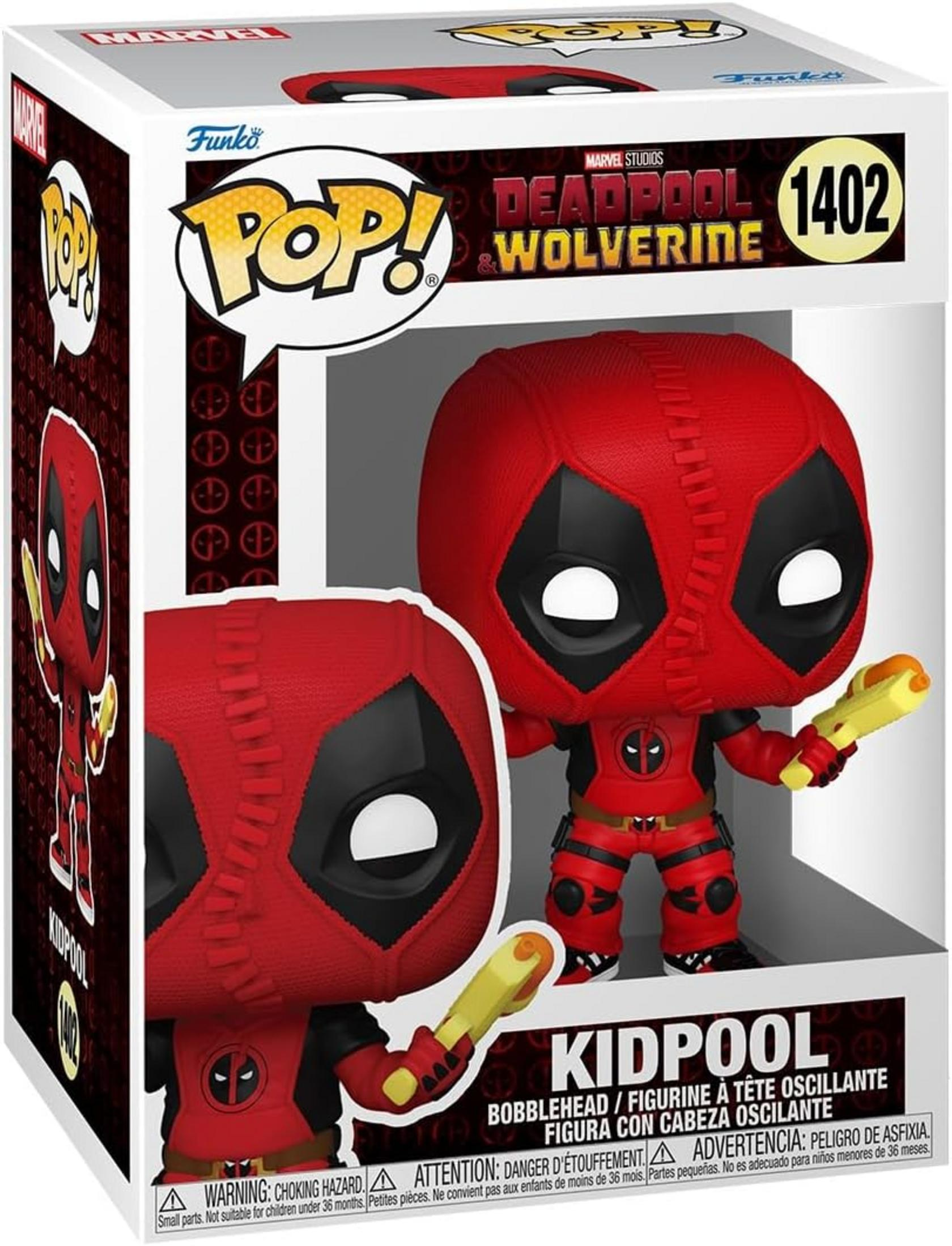 Action figure Funko Pop! Deadpool & Wolverine in scatola, tiene un'arma.