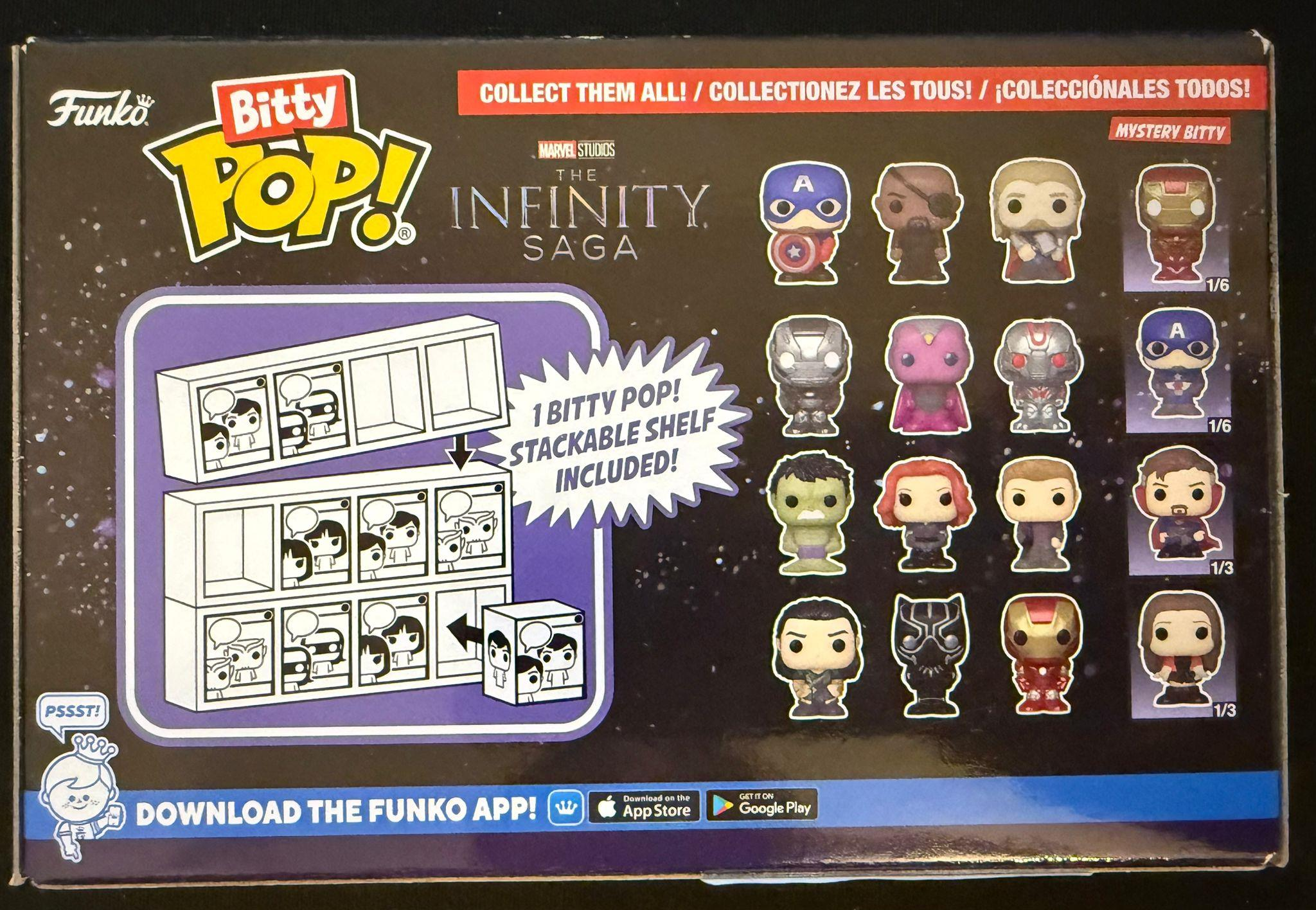 Scatola Funko Bitty Pop! con figure Marvel Infinity Saga e scaffale. Include info download app.