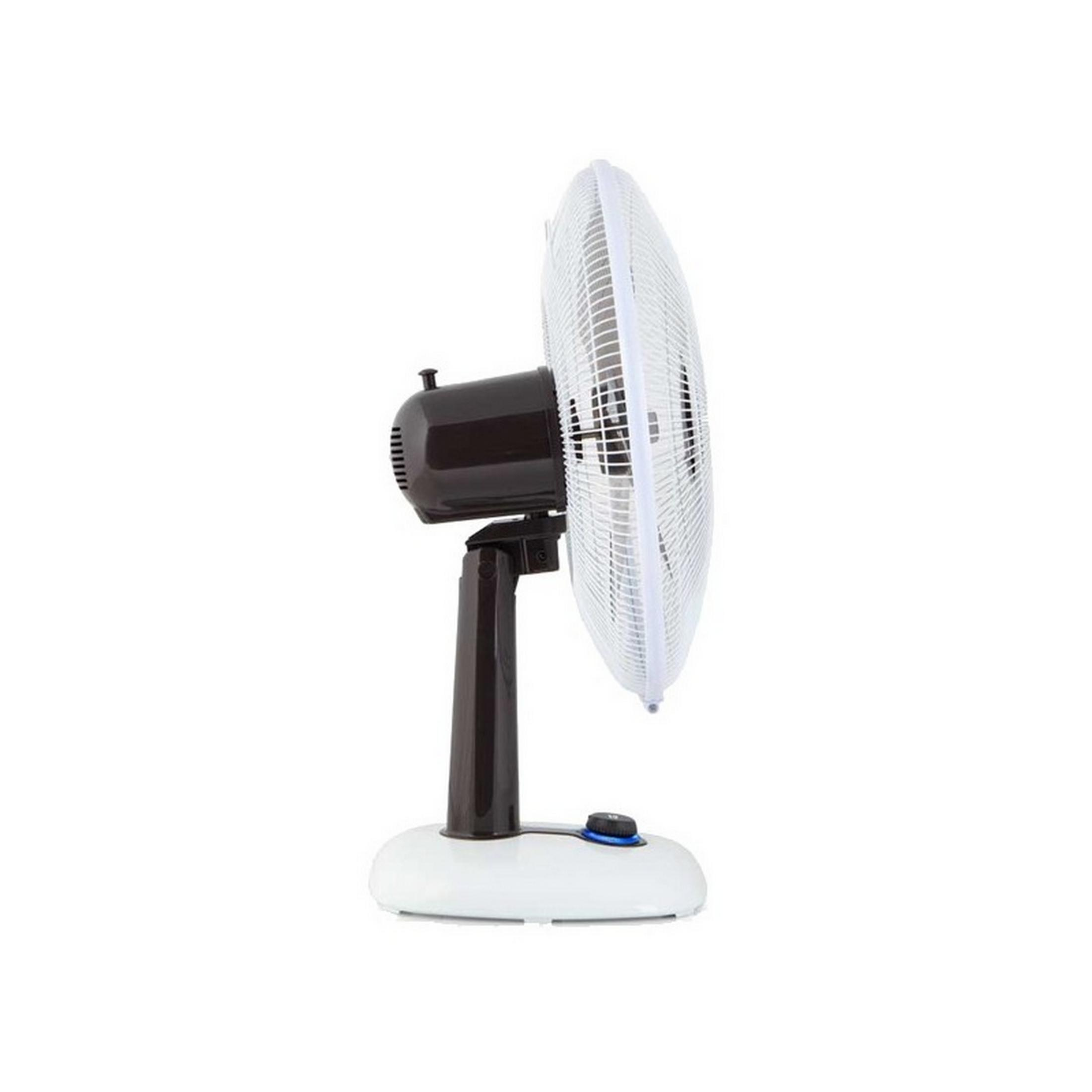 Un ventilatore da tavolo bianco con supporto marrone e interruttore on/off.