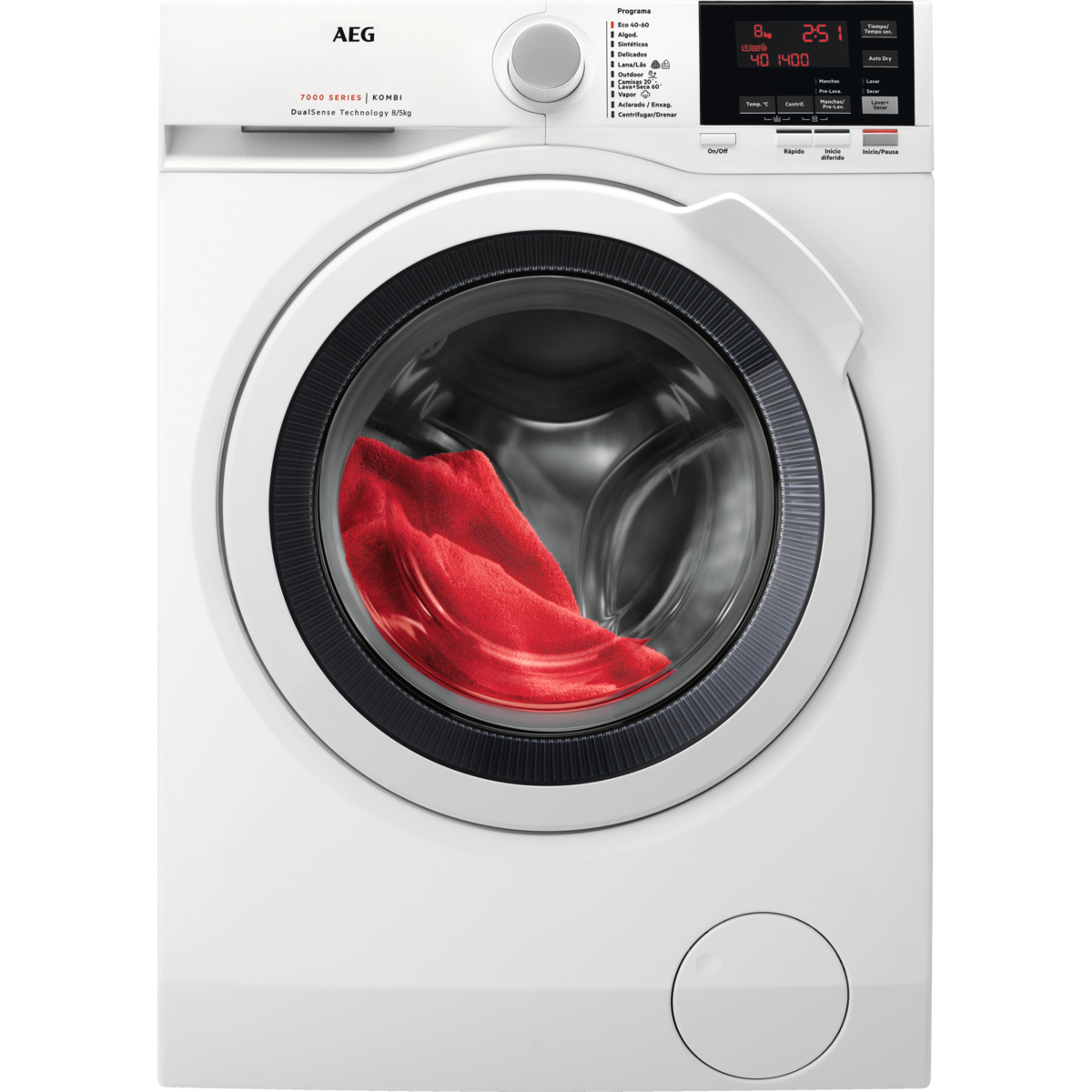 Lavatrice AEG bianca con tessuto rosso nel cestello e pannello di controllo.