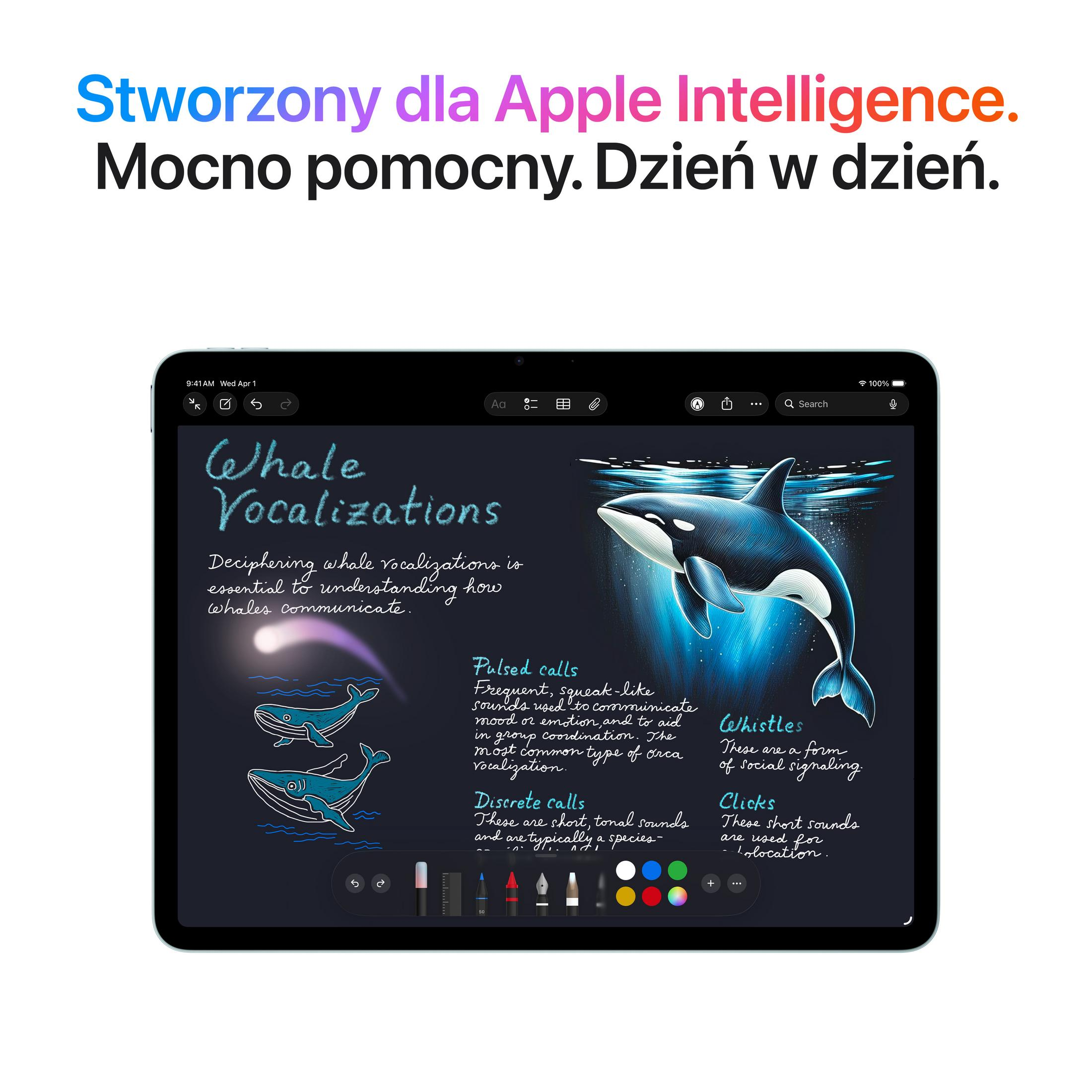 Un'orca nuota in acqua blu accanto a canti di balene e illustrazioni.