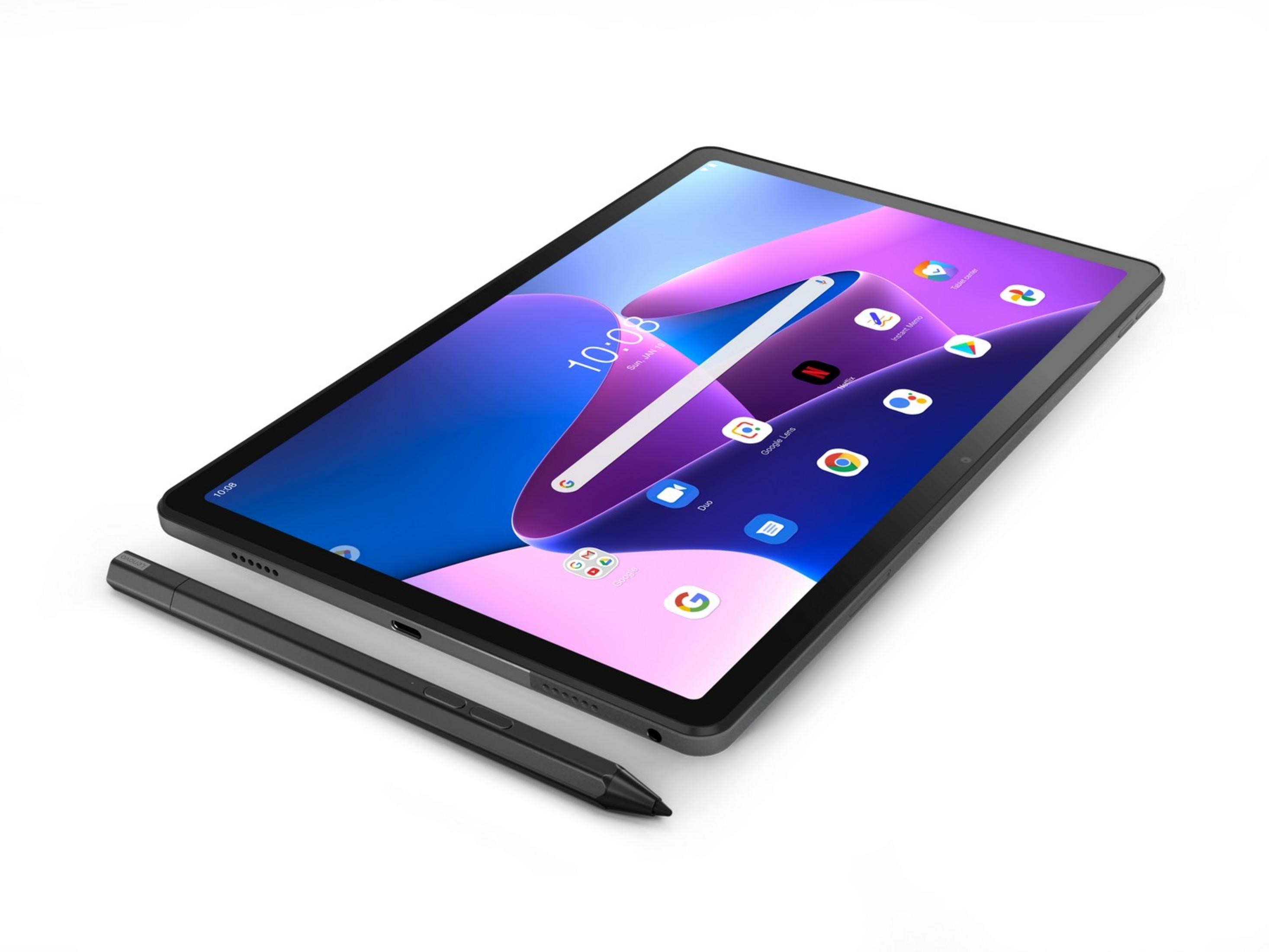 Uno stilo per tablet nero giace accanto a un tablet con app sullo schermo.