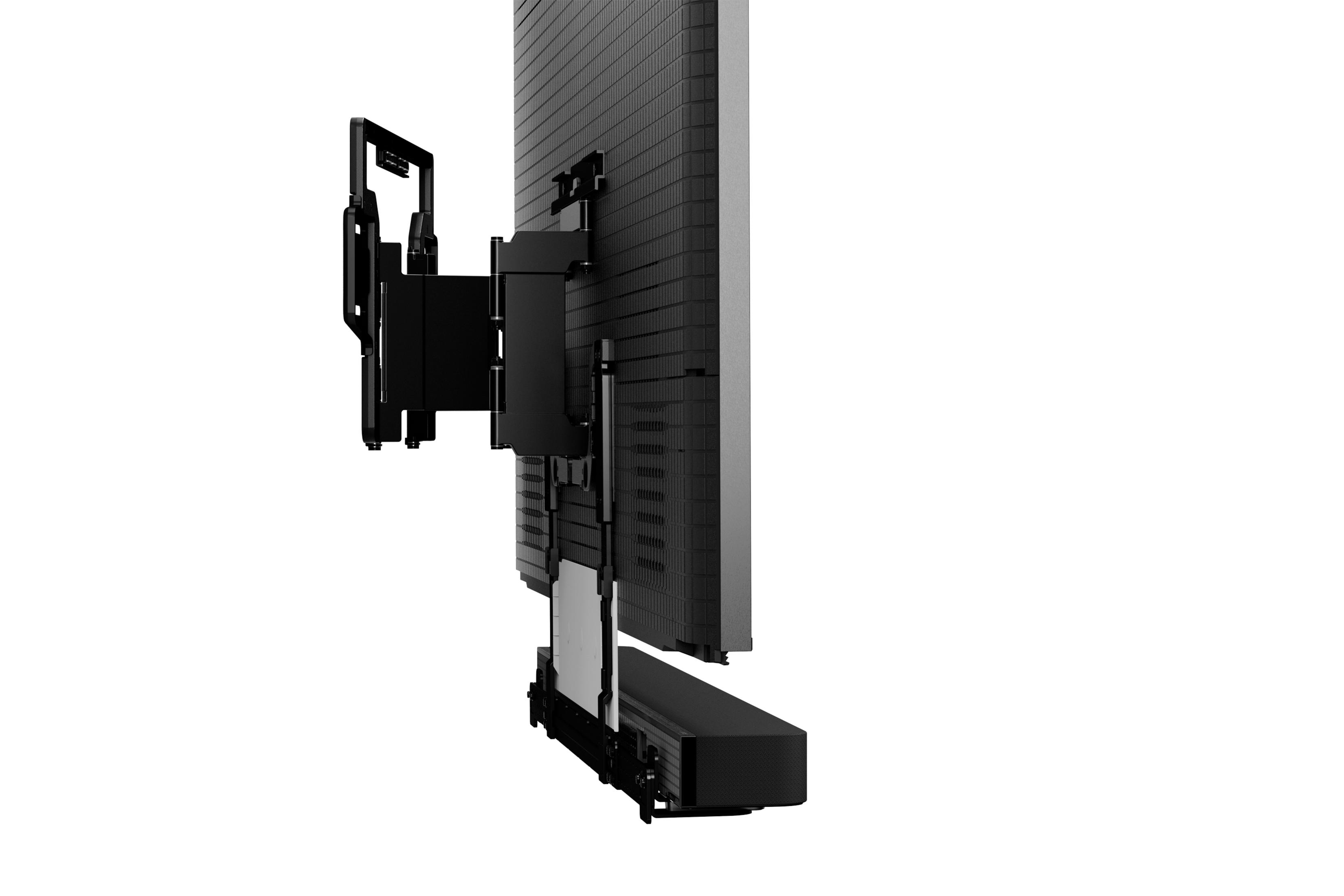 Ein schwarzer Fernseher mit Wandhalterung und Soundbar, isoliert auf weißem Hintergrund.