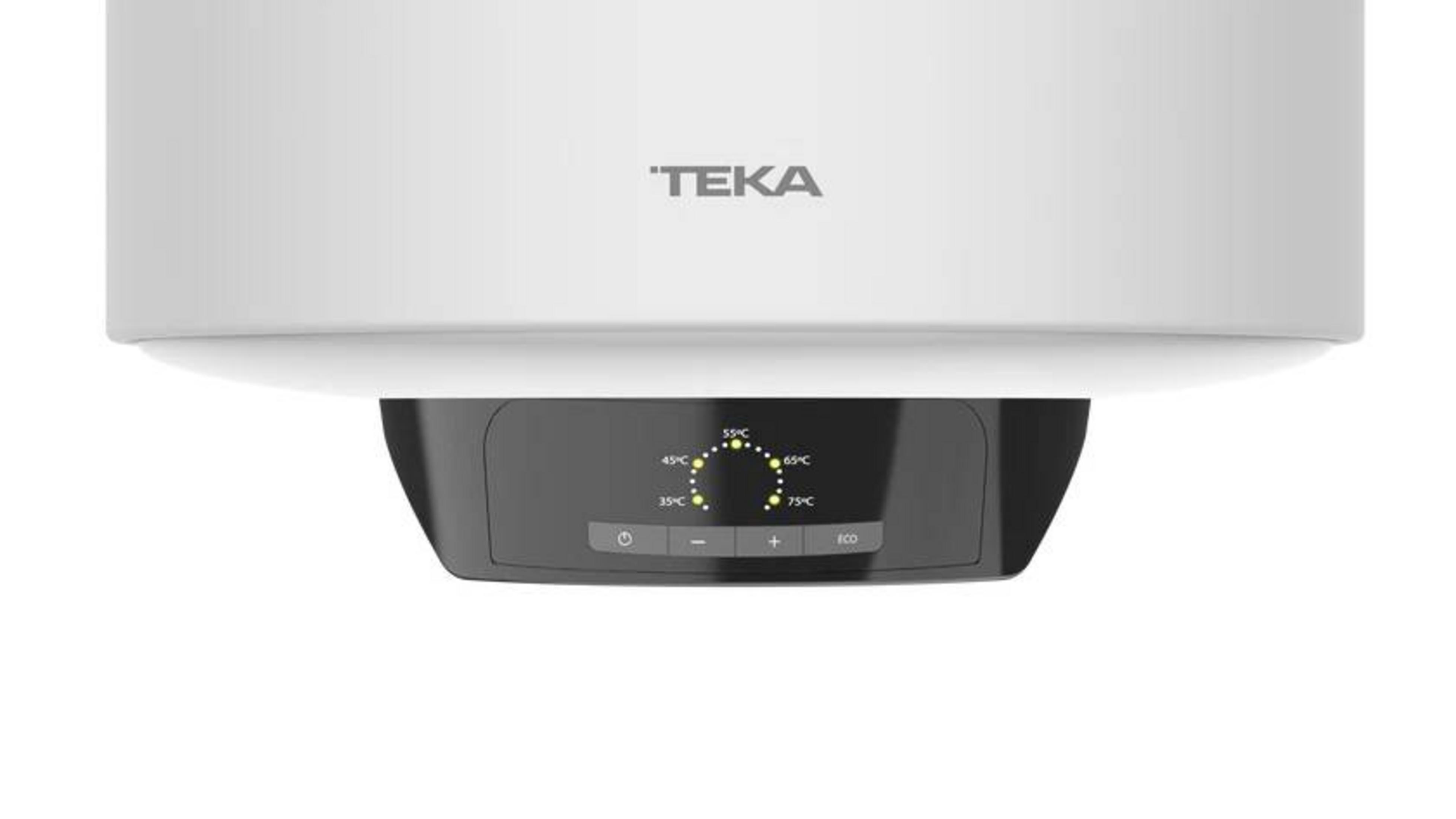 Calentador de agua Teka blanco con pantalla digital que muestra ajustes de temperatura.