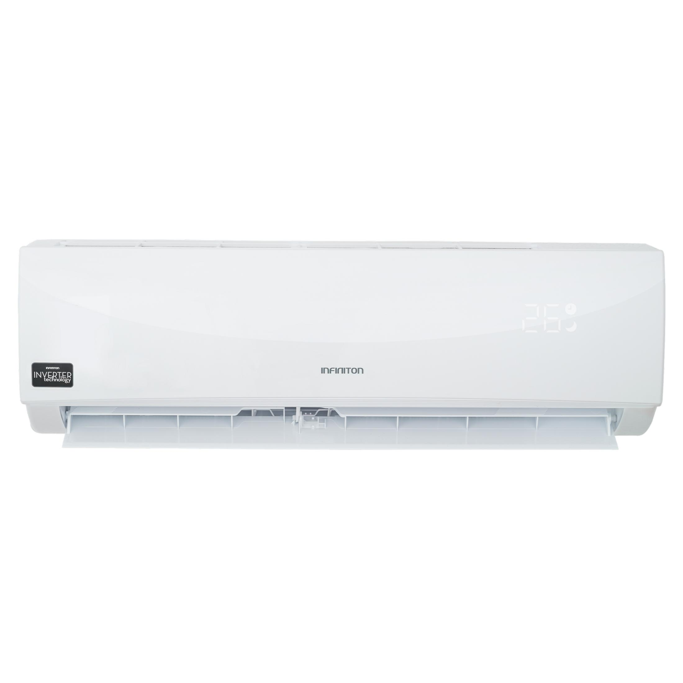Una unidad de aire acondicionado blanca con pantalla digital (26°) y rejillas.