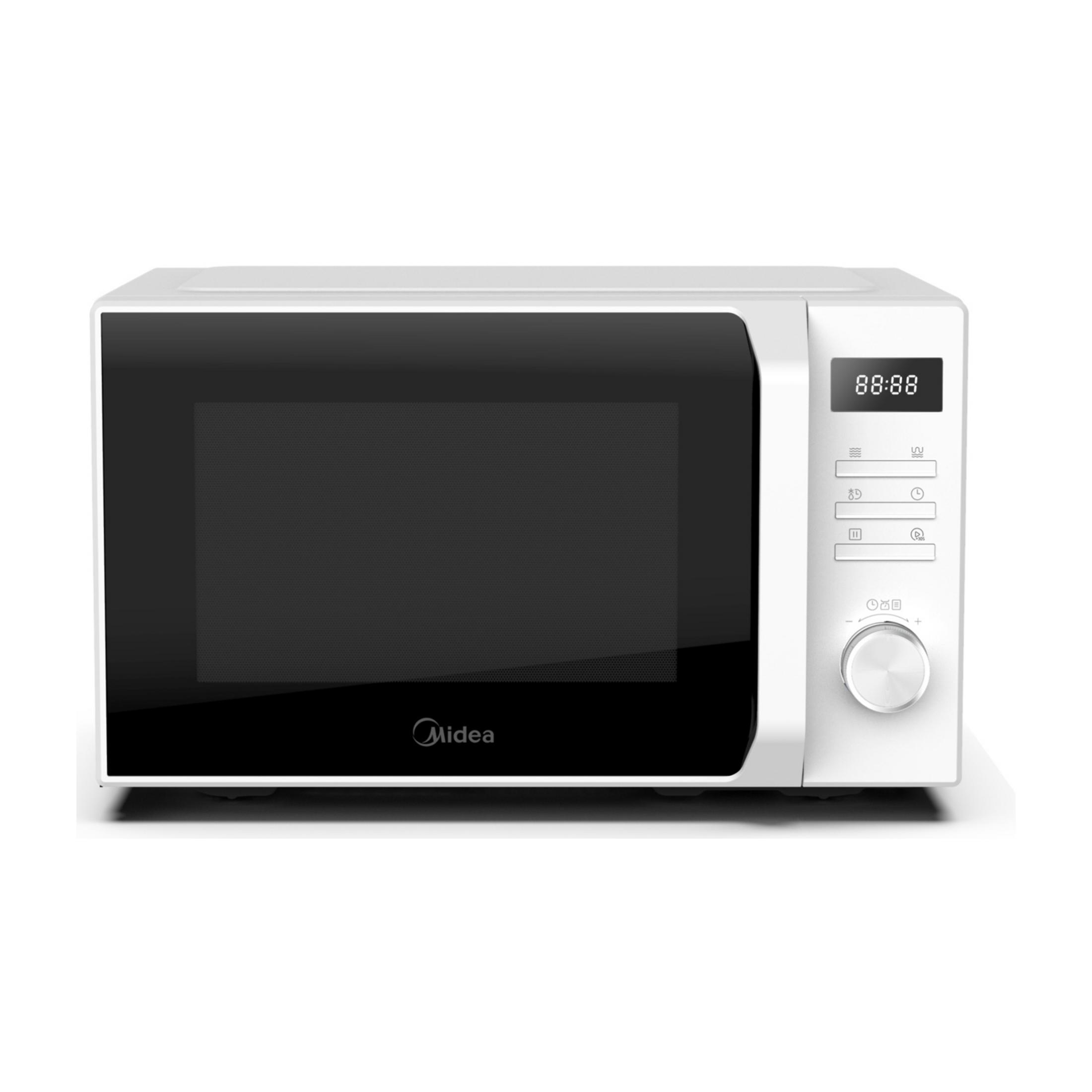 Un microondas Midea blanco con puerta negra y pantalla digital.